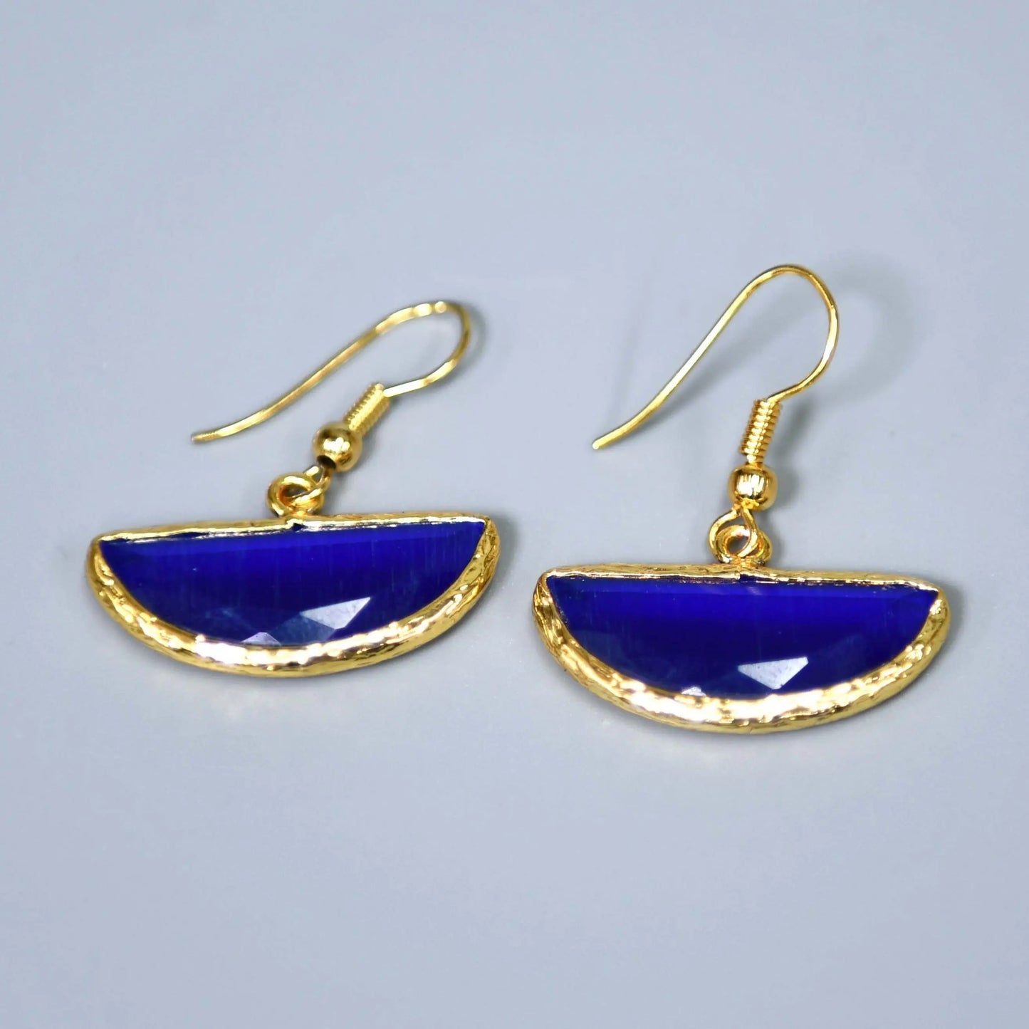 Gold Plated Royal Blue Semi Cat Eye Earrings Hey Bou