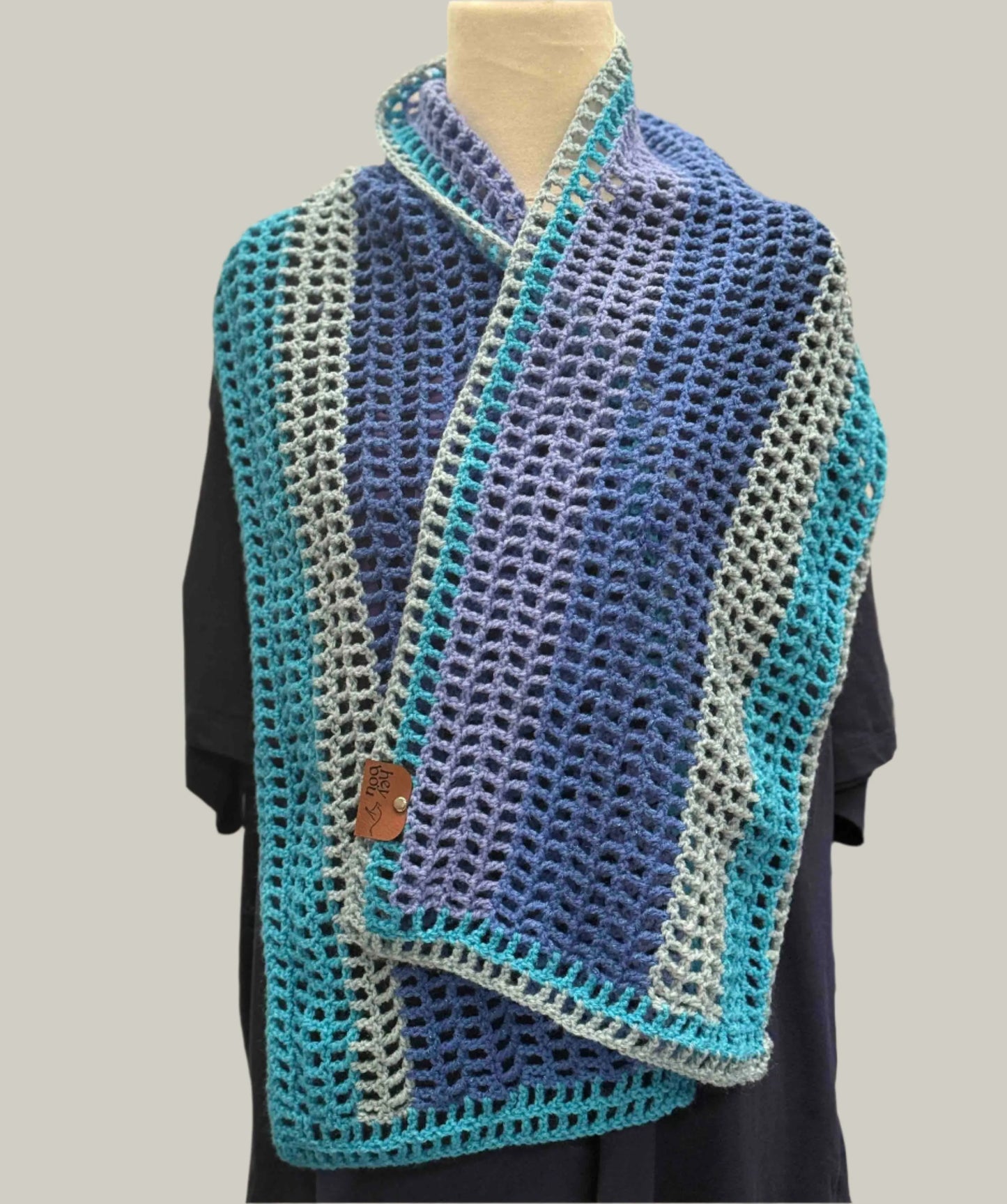 Blue Maeve Purple Grey Treble Crochet Sparkle Scarf 140cm x 29cm HeyBou - Made by Lisa