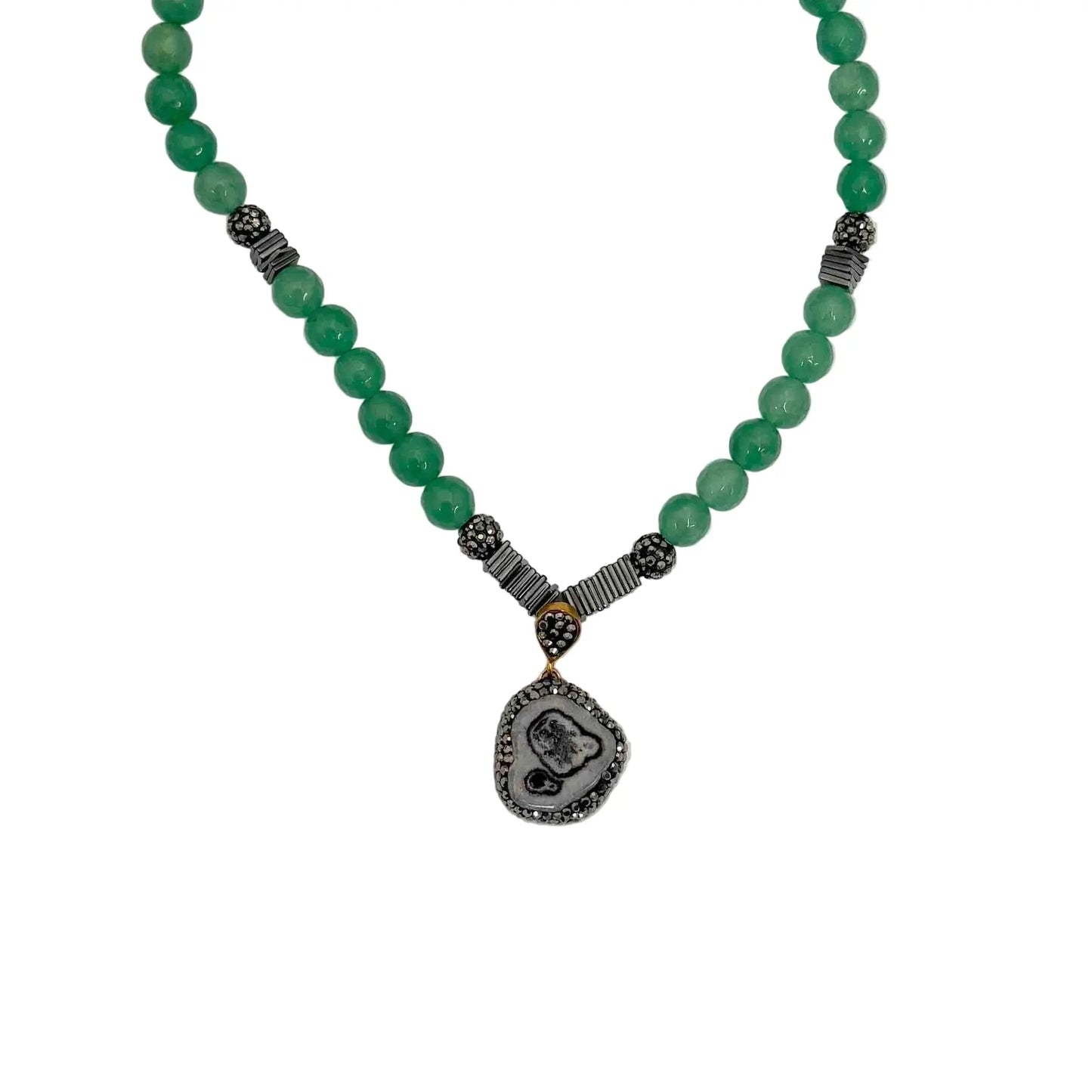 Gold Plated Amethyst Agate Pendant with Green Bead Necklace Hey Bou