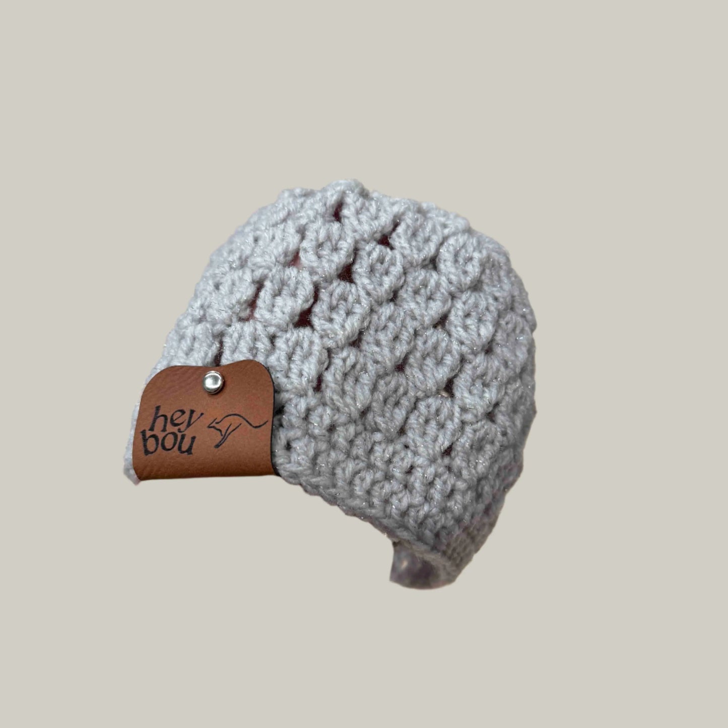 Light Grey Sparkle Treble Cluster & Double Crochet Baby Beanie 36-47cm H 14cm HeyBou - Made by Lisa