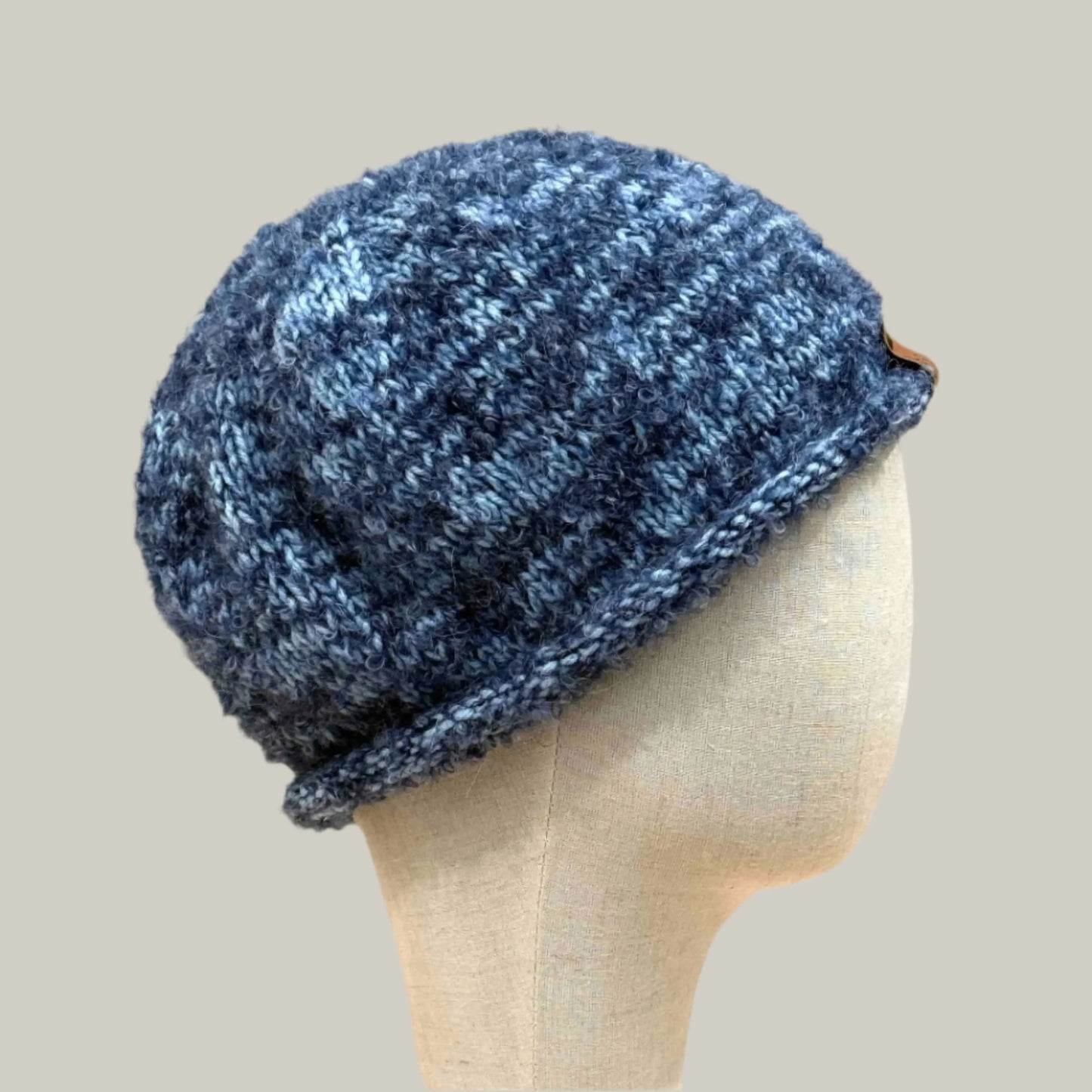 Two Tone Blue Rolled Knitted Adult Fluffy Beanie 50-65cm W 25cm H HeyBou - Made by Lisa
