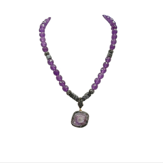 Gold Plated Natural Amethyst Pendant & Beaded Necklace Hey Bou