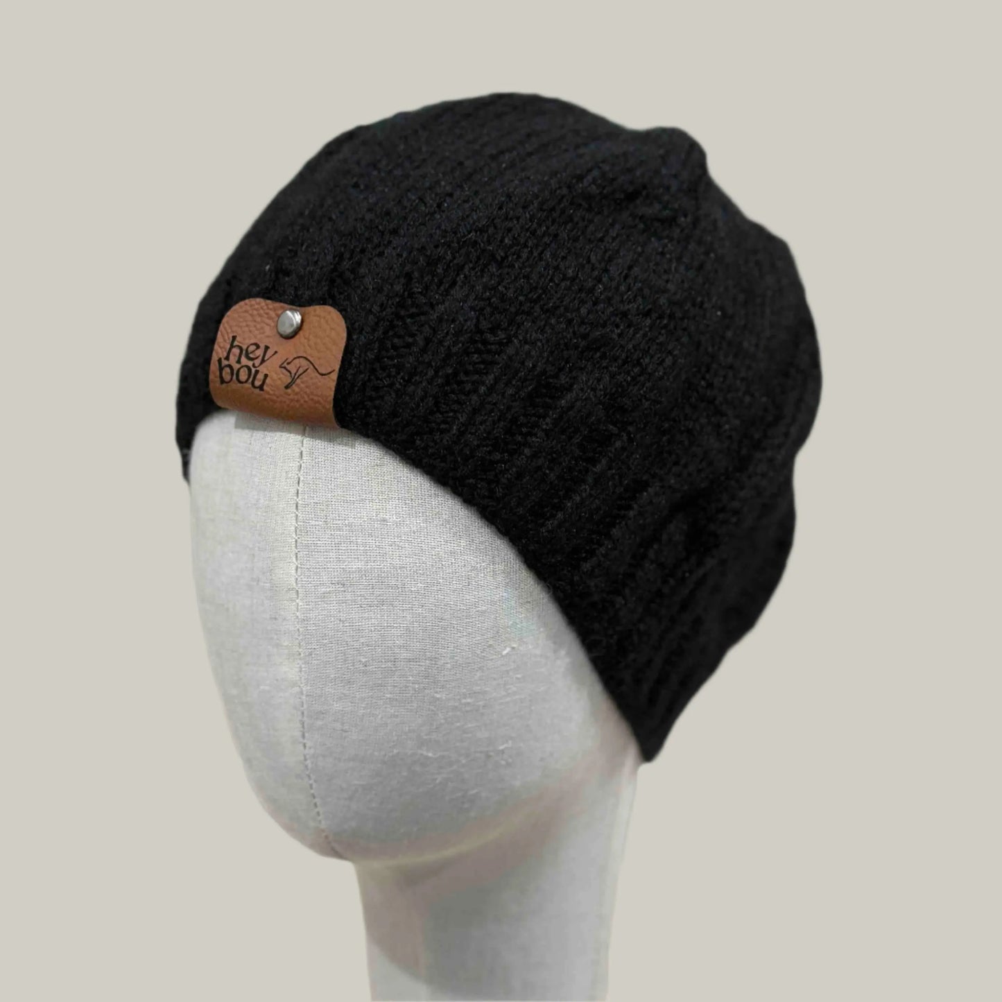 Black 2" Rib Knit Child/Adult Beanie 40-60cm H 20.5cm HeyBou