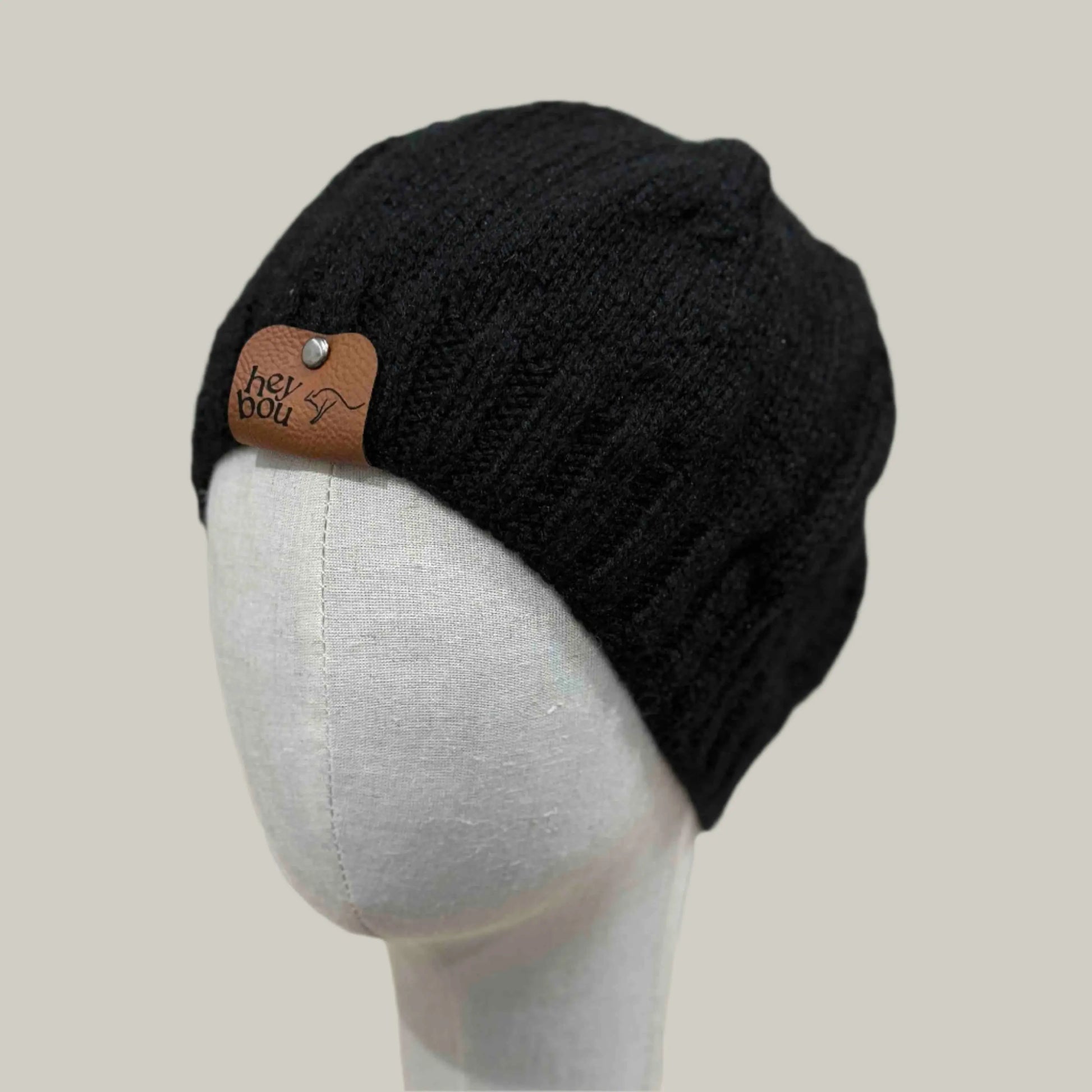 Black 2" Rib Knit Child/Adult Beanie 40-60cm H 20.5cm HeyBou