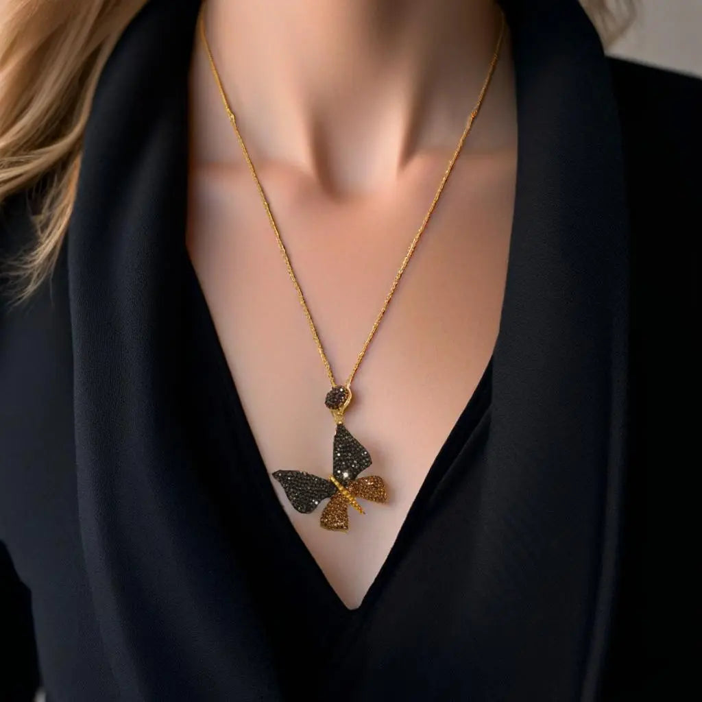 Black & Gold Zircon Crystal Butterfly Necklace Hey Bou