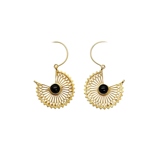 Gold Plated Natural Stone Open Fan Earrings Red and Black