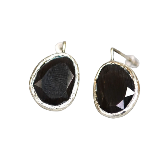Silver Plated Half Hook Black Oval Cat Eye Earrings Hey Bou