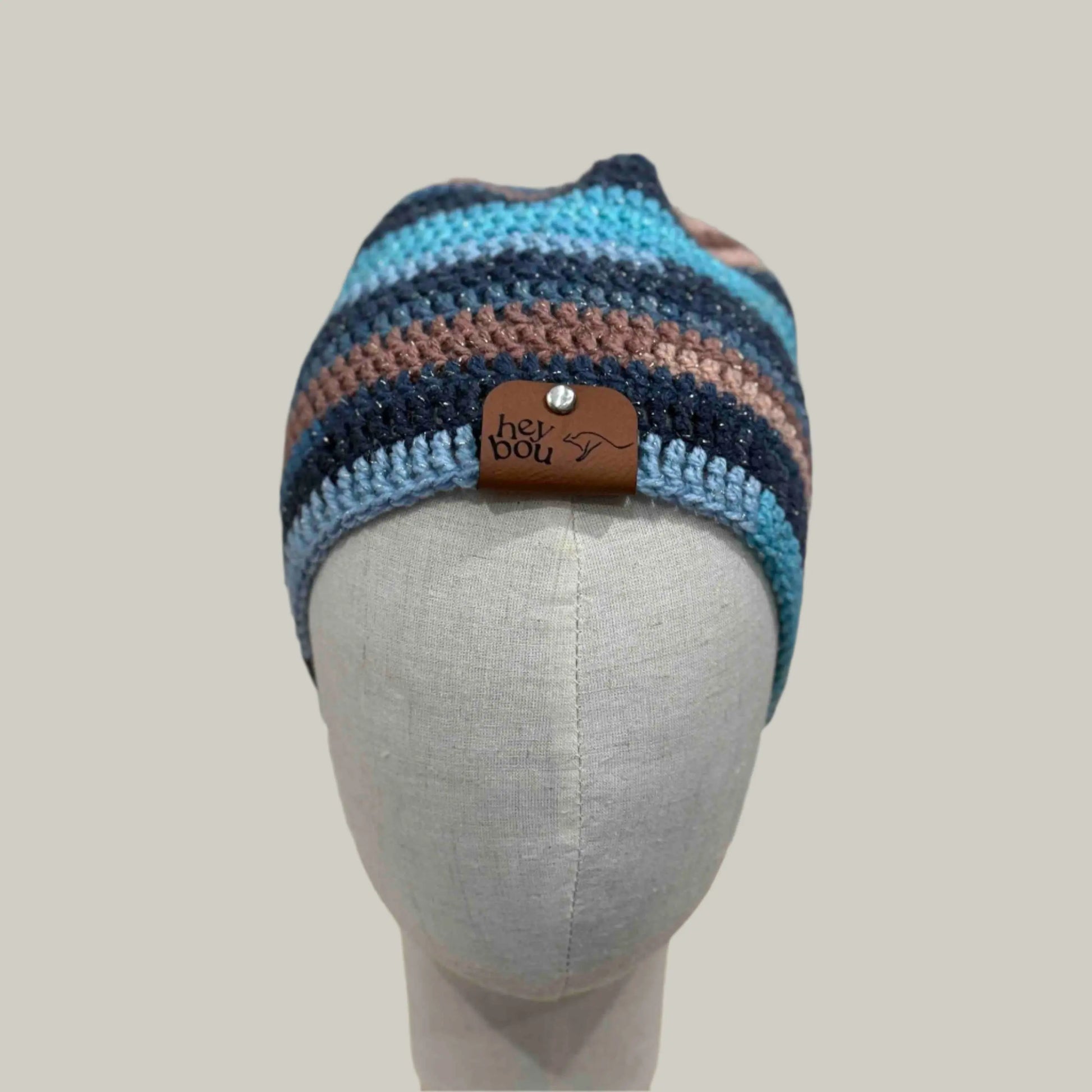 Blue 1 Double & Treble Crochet Adult Sparkle Beanie 50-58cm H 22cm HeyBou - Made by Lisa