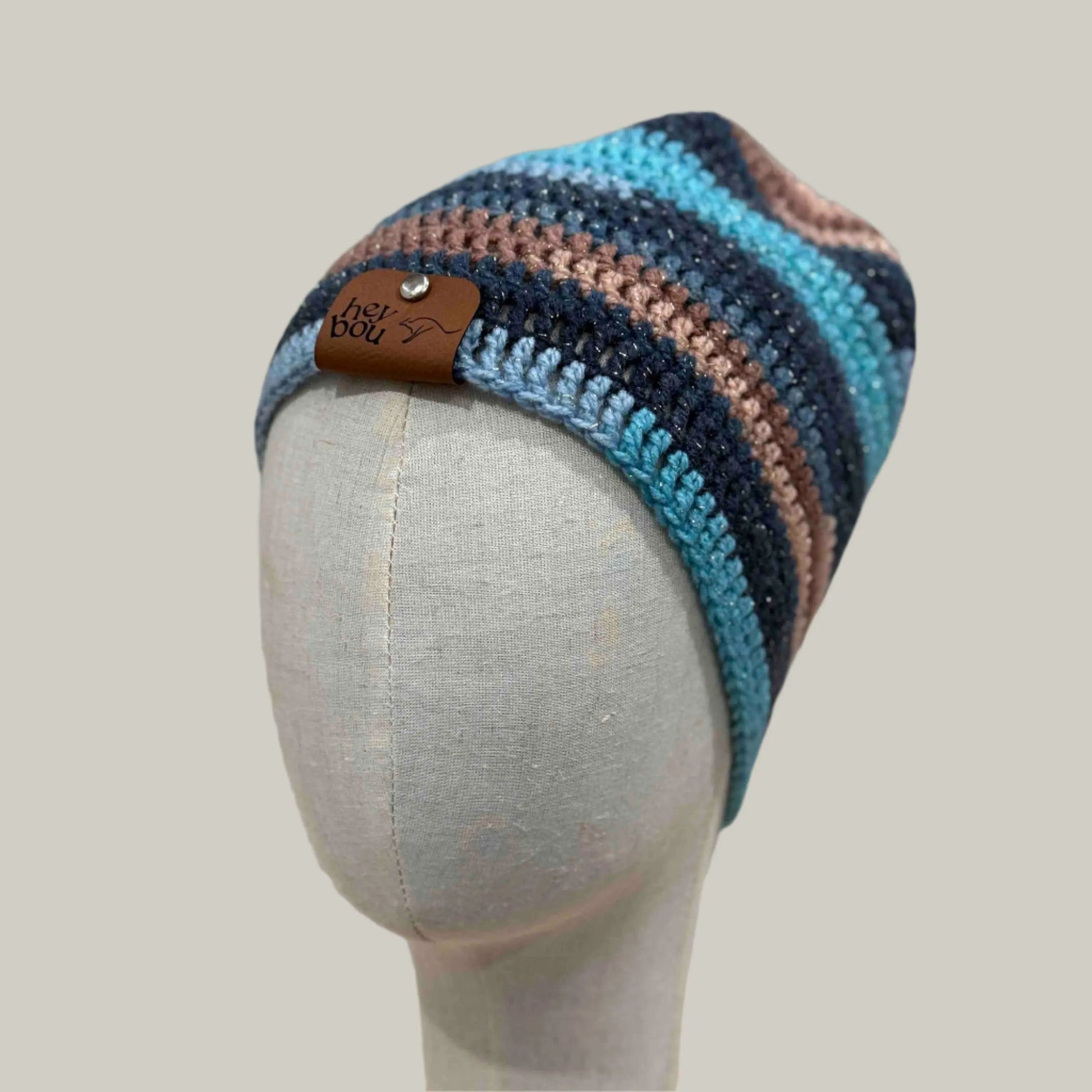 Blue 1 Double & Treble Crochet Adult Sparkle Beanie 50-58cm H 22cm HeyBou - Made by Lisa