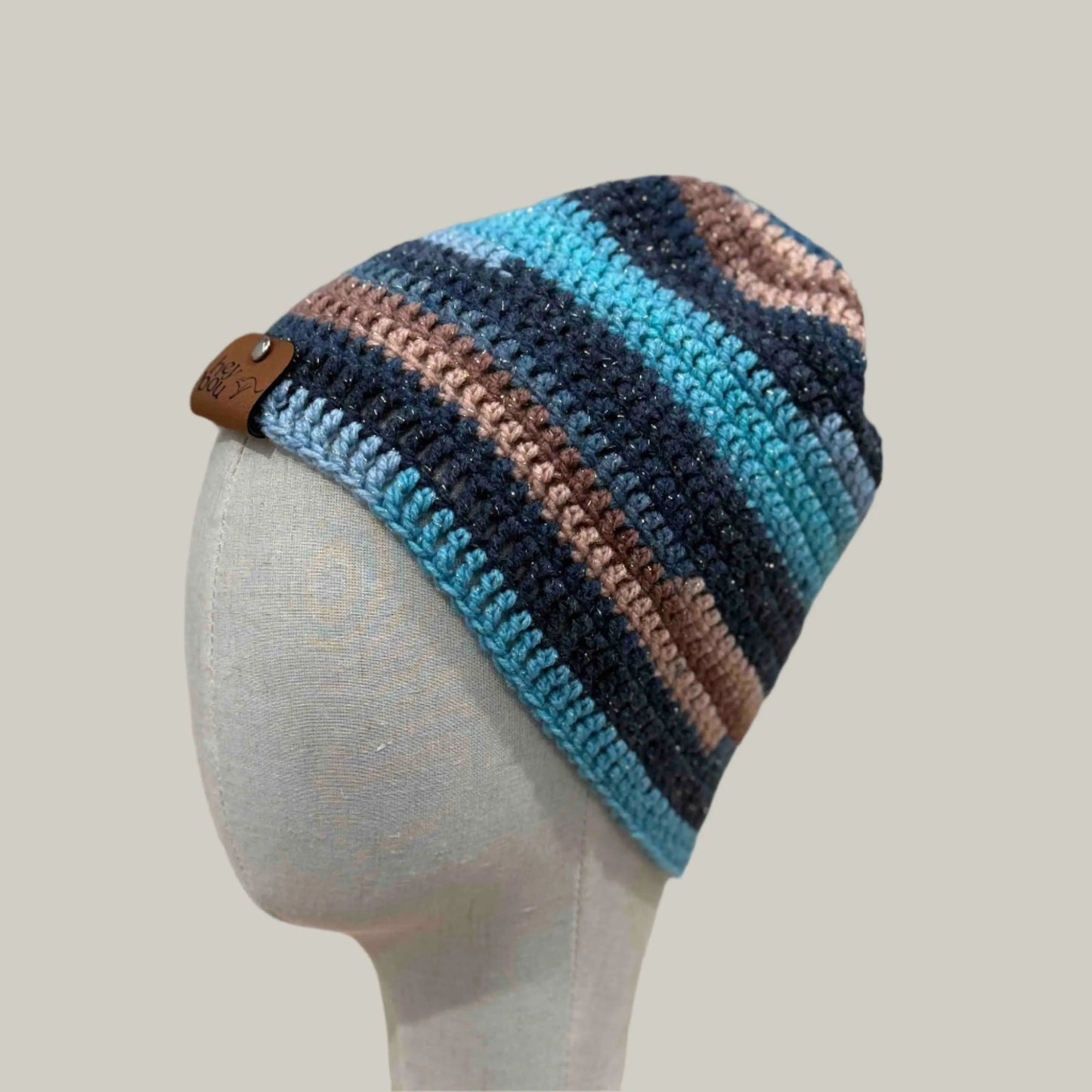 Blue 1 Double & Treble Crochet Adult Sparkle Beanie 50-58cm H 22cm HeyBou - Made by Lisa
