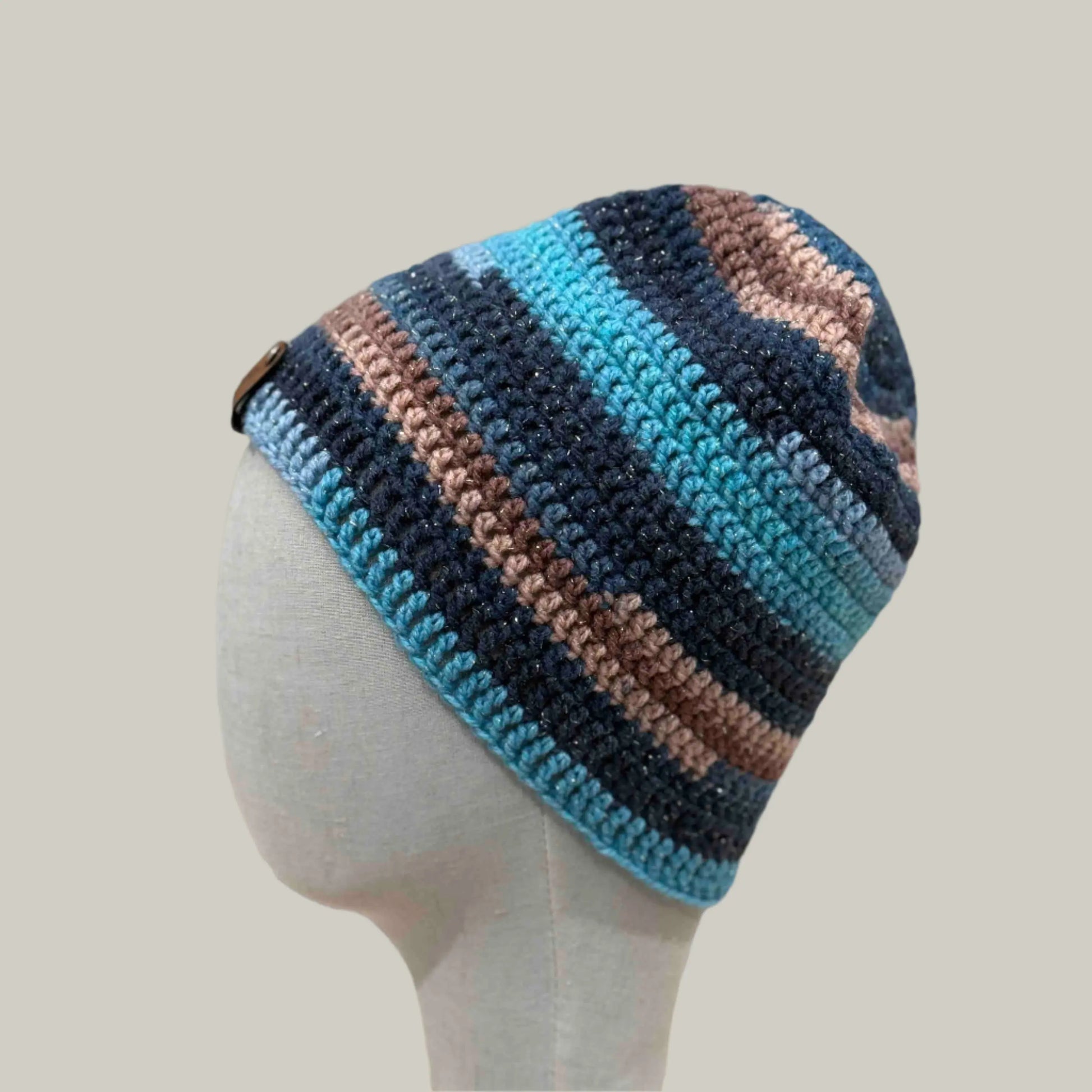 Blue 1 Double & Treble Crochet Adult Sparkle Beanie 50-58cm H 22cm HeyBou - Made by Lisa