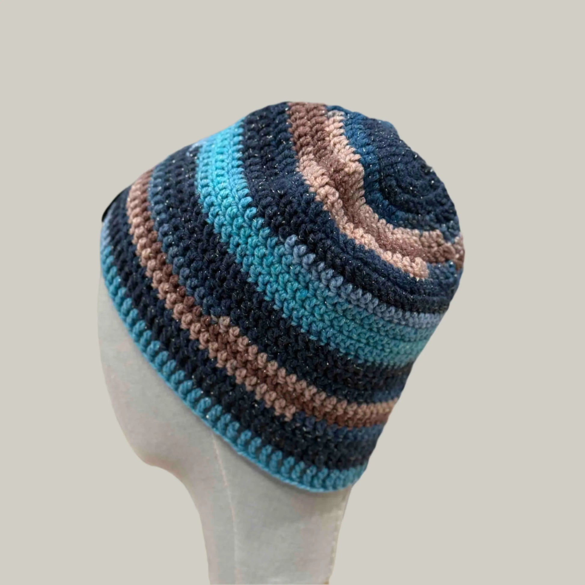 Blue 1 Double & Treble Crochet Adult Sparkle Beanie 50-58cm H 22cm HeyBou - Made by Lisa