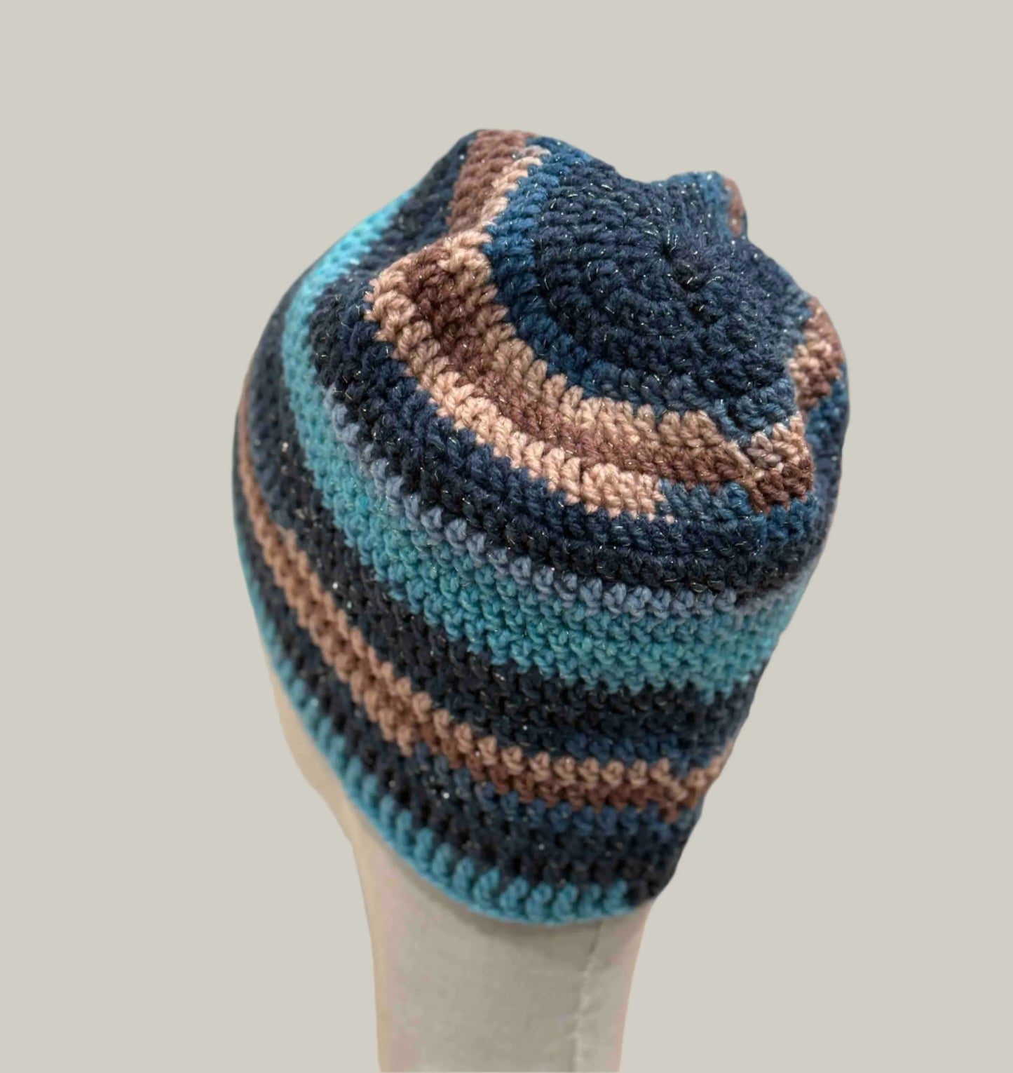Blue 1 Double & Treble Crochet Adult Sparkle Beanie 50-58cm H 22cm HeyBou - Made by Lisa