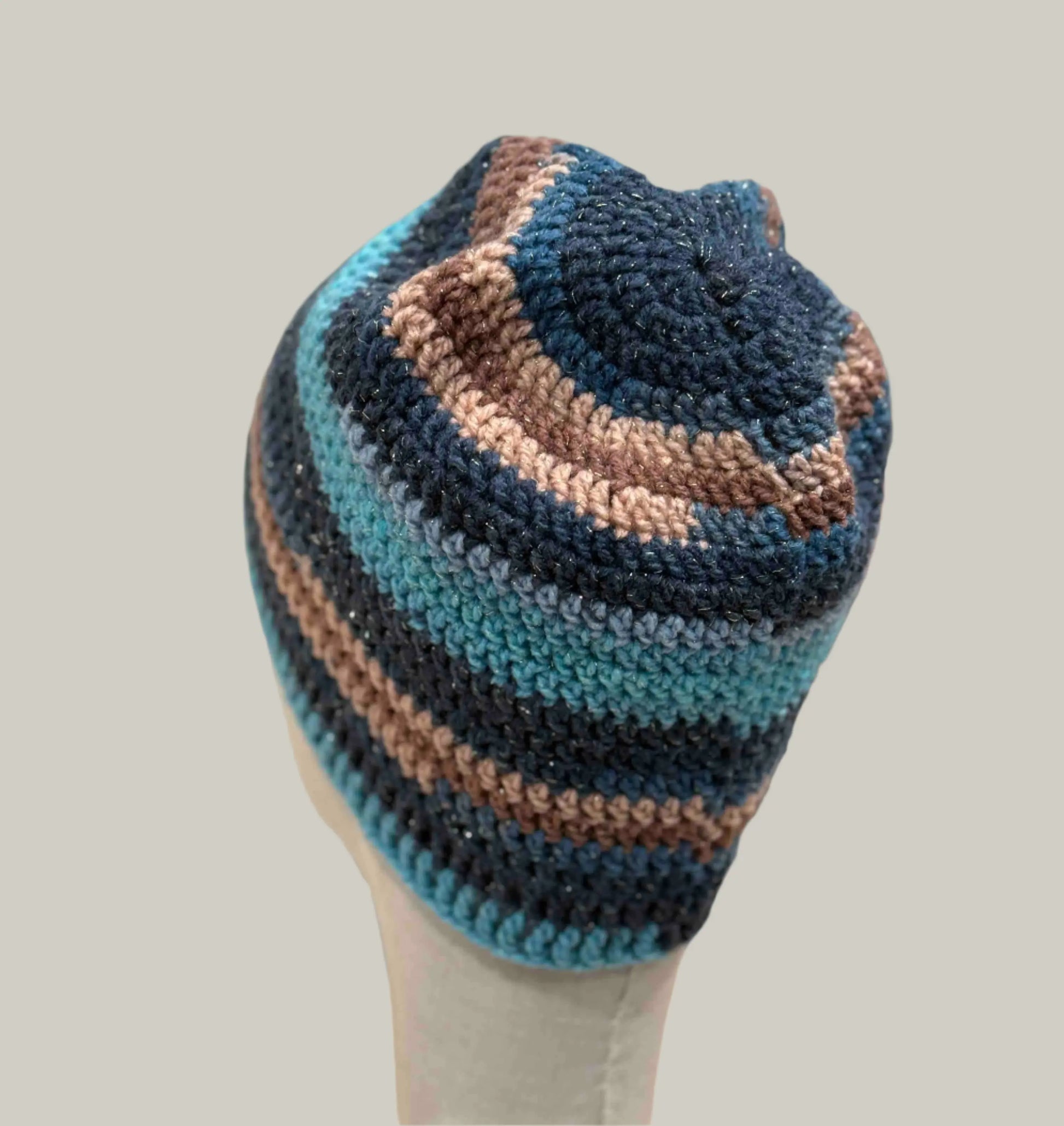 Blue 1 Double & Treble Crochet Adult Sparkle Beanie 50-58cm H 22cm HeyBou - Made by Lisa