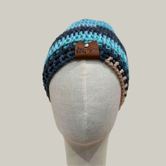Blue 3 Treble Crochet 5cm Rib Child/Adult Sparkle Beanie 42-59cm H 23cm HeyBou - Made by Lisa