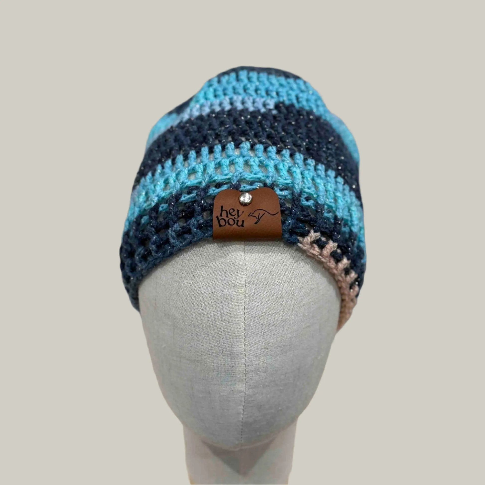 Blue 3 Treble Crochet 5cm Rib Child/Adult Sparkle Beanie 42-59cm H 23cm HeyBou - Made by Lisa