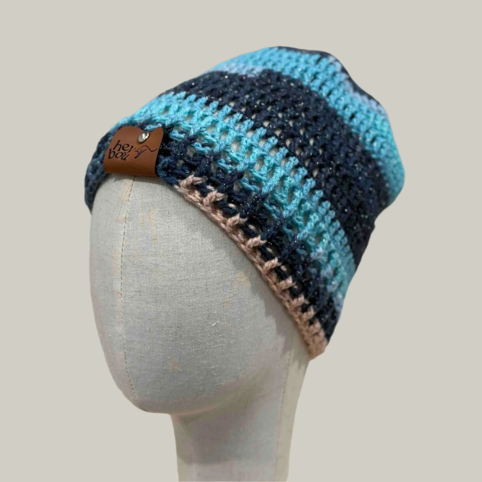 Blue 3 Treble Crochet 5cm Rib Child/Adult Sparkle Beanie 42-59cm H 23cm HeyBou - Made by Lisa