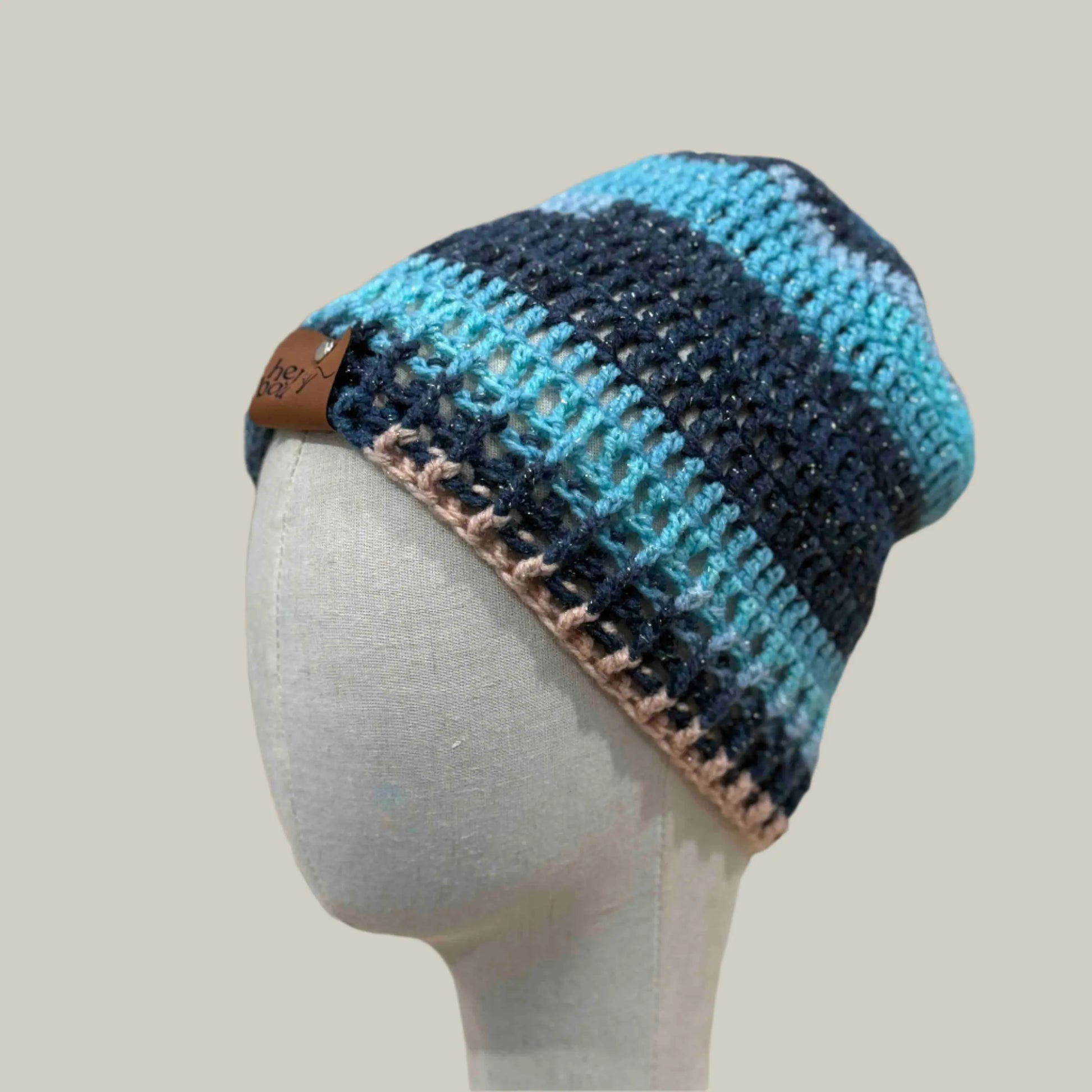Blue 3 Treble Crochet 5cm Rib Child/Adult Sparkle Beanie 42-59cm H 23cm HeyBou - Made by Lisa