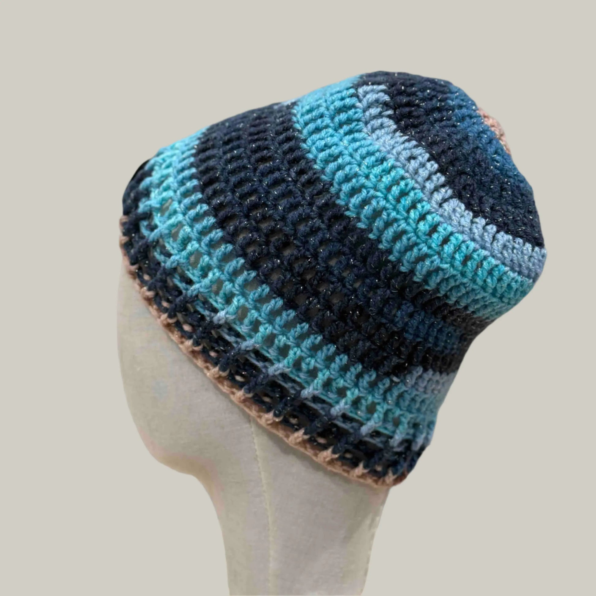 Blue 3 Treble Crochet 5cm Rib Child/Adult Sparkle Beanie 42-59cm H 23cm HeyBou - Made by Lisa