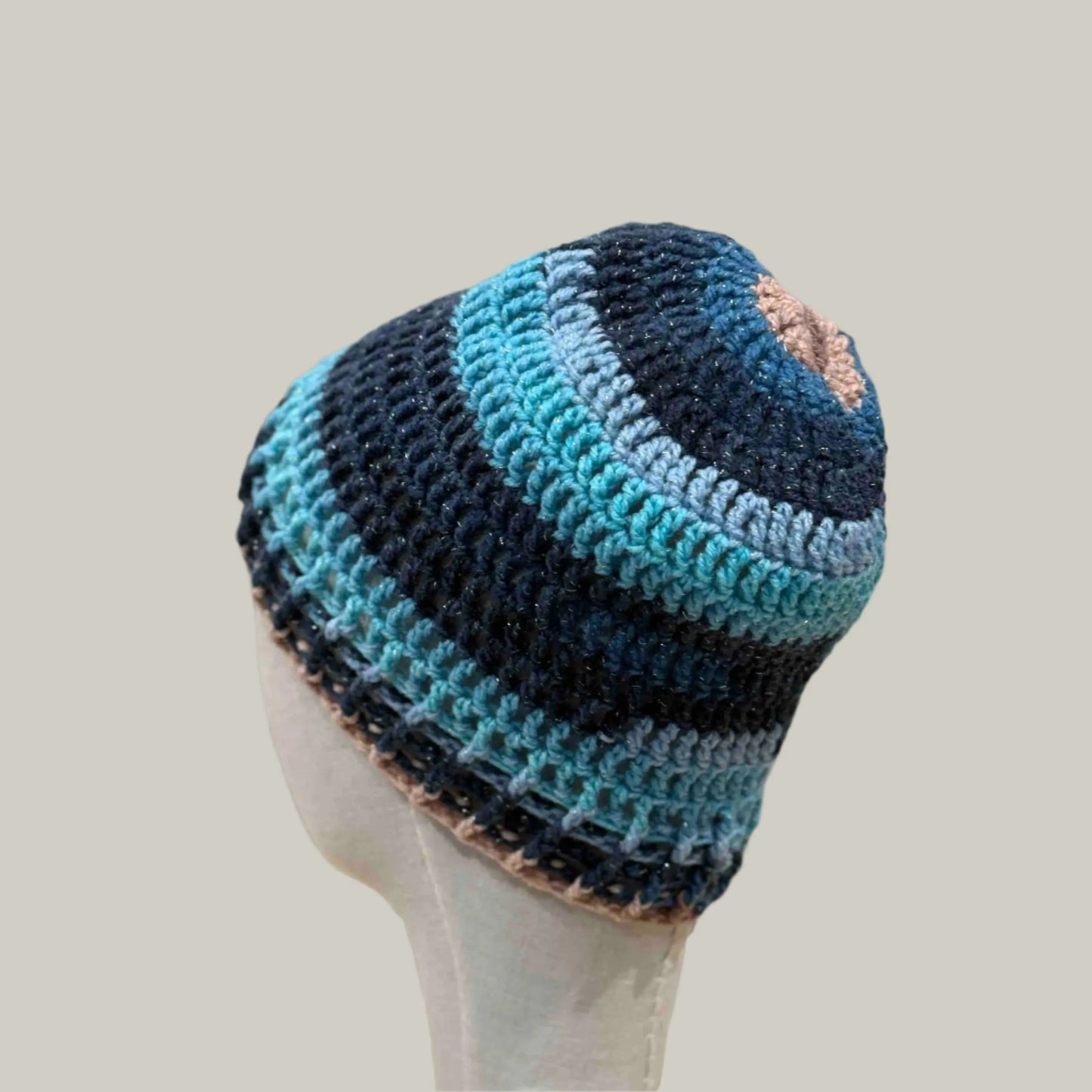 Blue 3 Treble Crochet 5cm Rib Child/Adult Sparkle Beanie 42-59cm H 23cm HeyBou - Made by Lisa