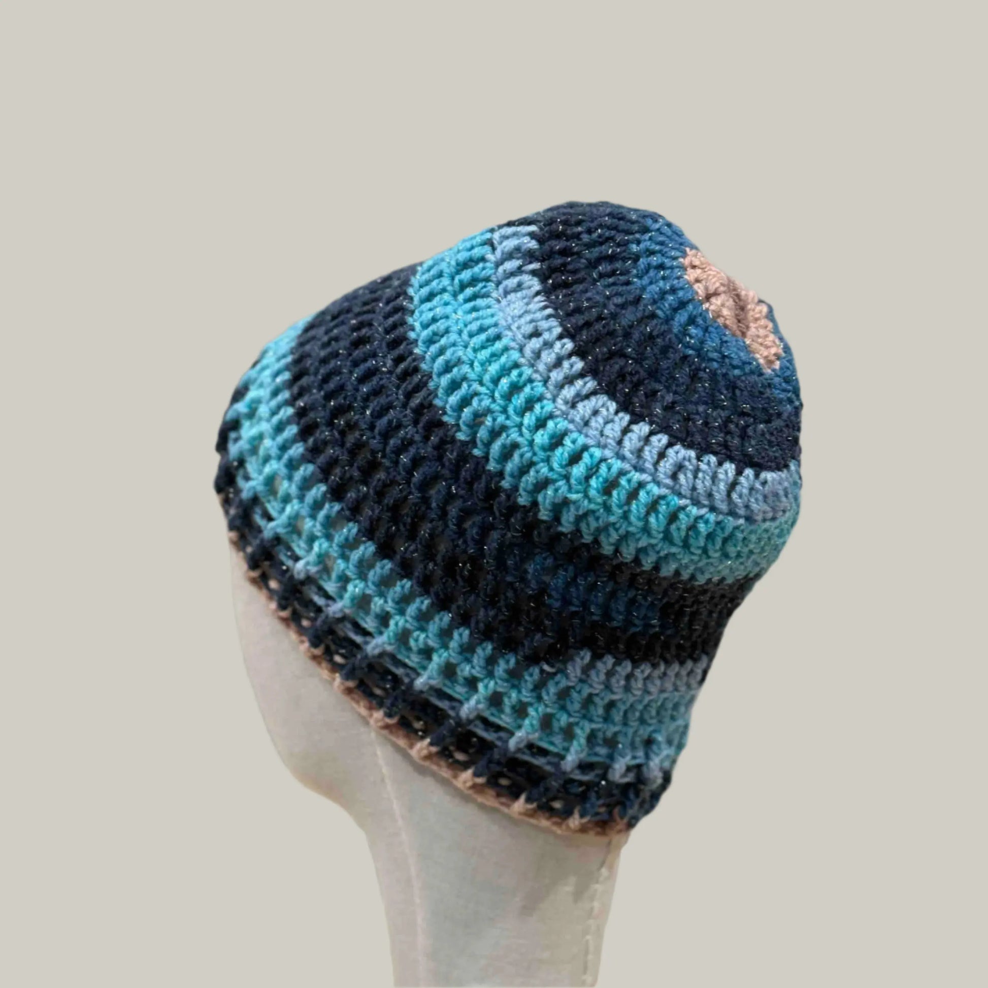 Blue 3 Treble Crochet 5cm Rib Child/Adult Sparkle Beanie 42-59cm H 23cm HeyBou - Made by Lisa