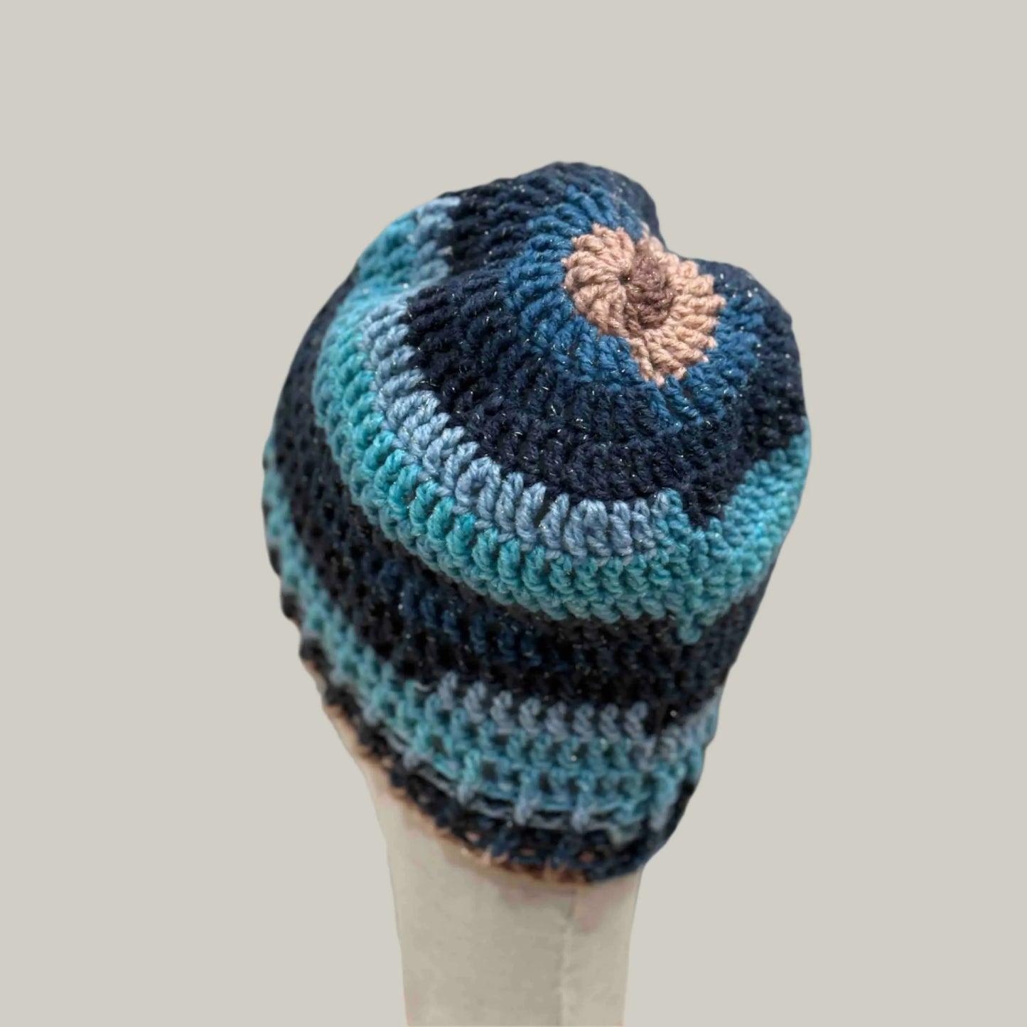 Blue 3 Treble Crochet 5cm Rib Child/Adult Sparkle Beanie 42-59cm H 23cm HeyBou - Made by Lisa