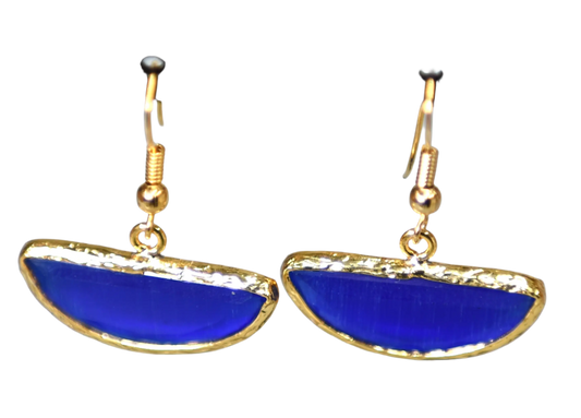 Gold Plated Royal Blue Semi Cat Eye Earrings Hey Bou