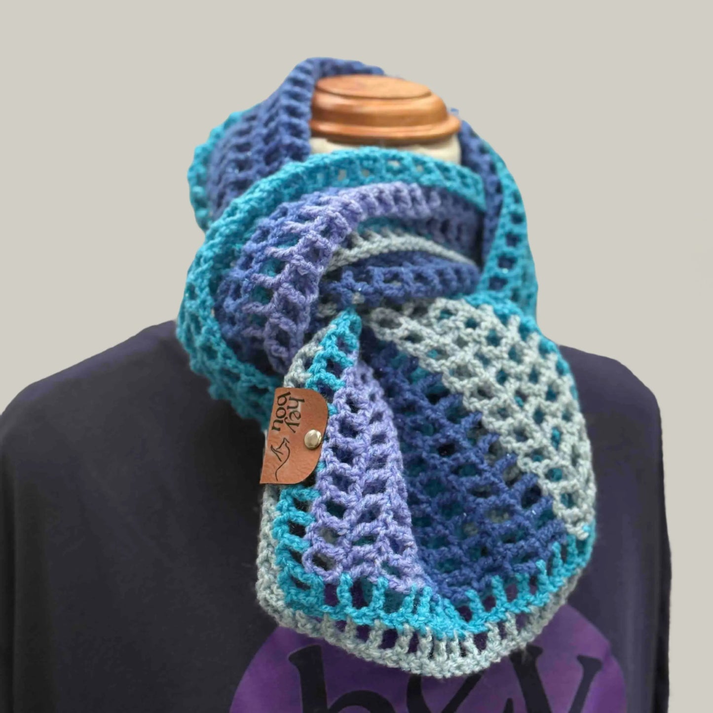Blue Maeve Purple Grey Treble Crochet Sparkle Scarf 140cm x 29cm HeyBou - Made by Lisa