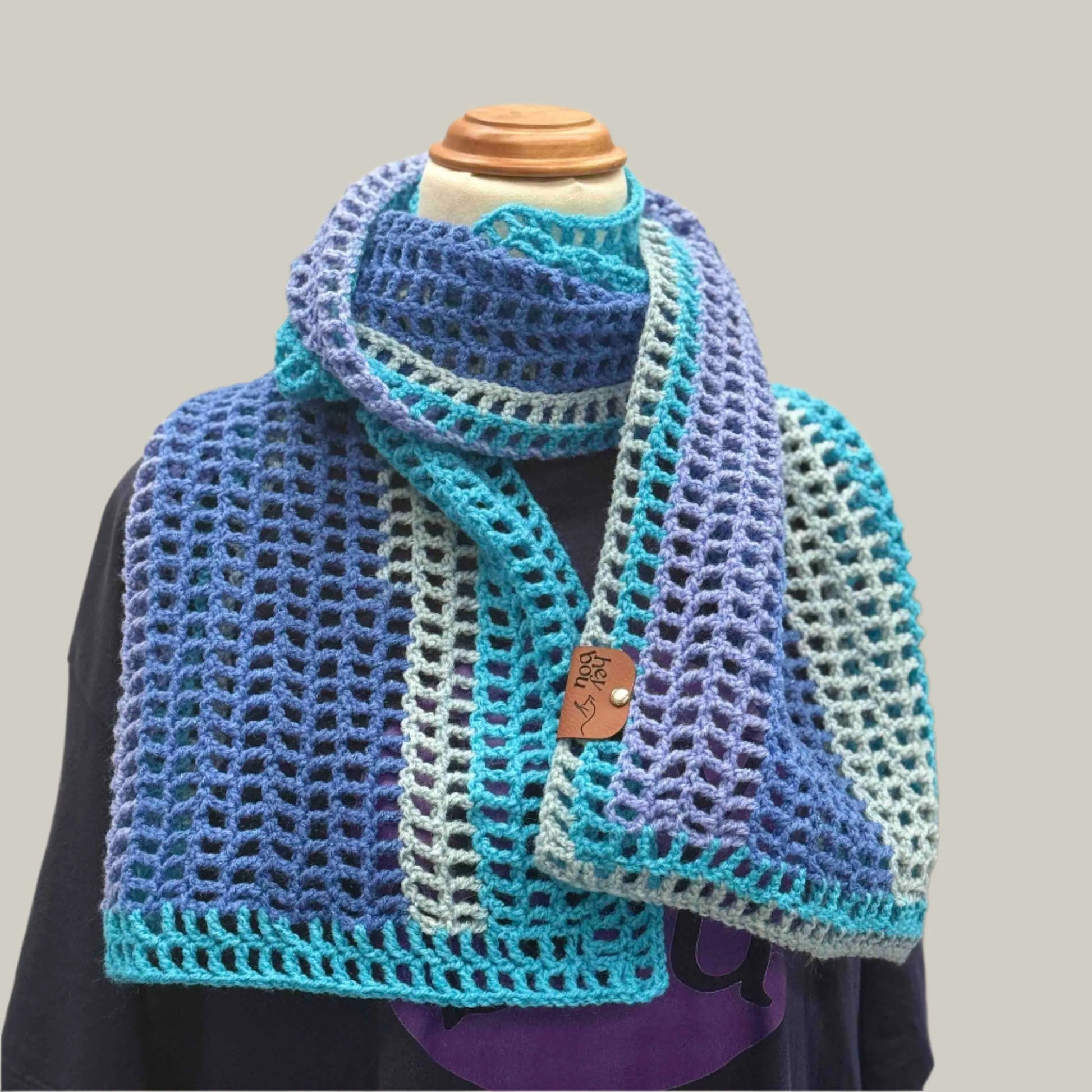 Blue Maeve Purple Grey Treble Crochet Sparkle Scarf 140cm x 29cm HeyBou - Made by Lisa
