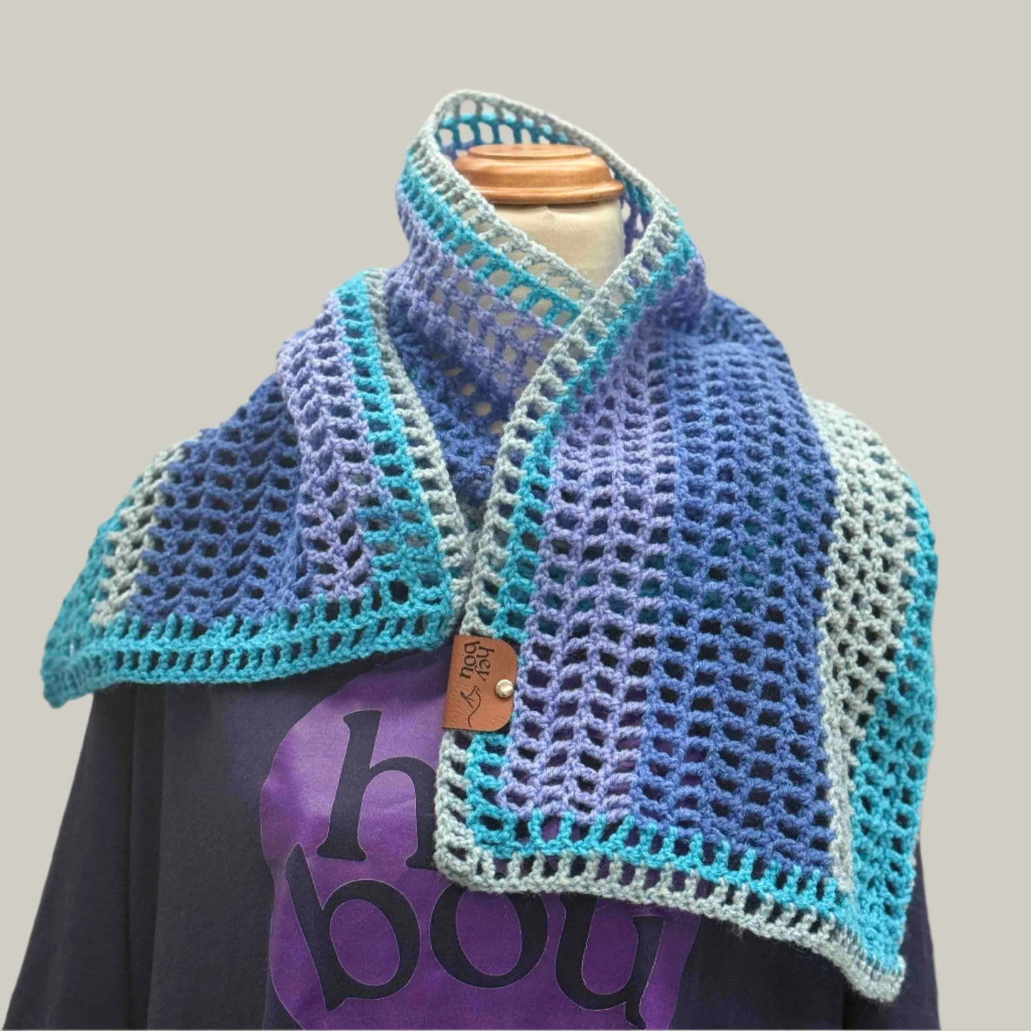 Blue Maeve Purple Grey Treble Crochet Sparkle Scarf 140cm x 29cm HeyBou - Made by Lisa
