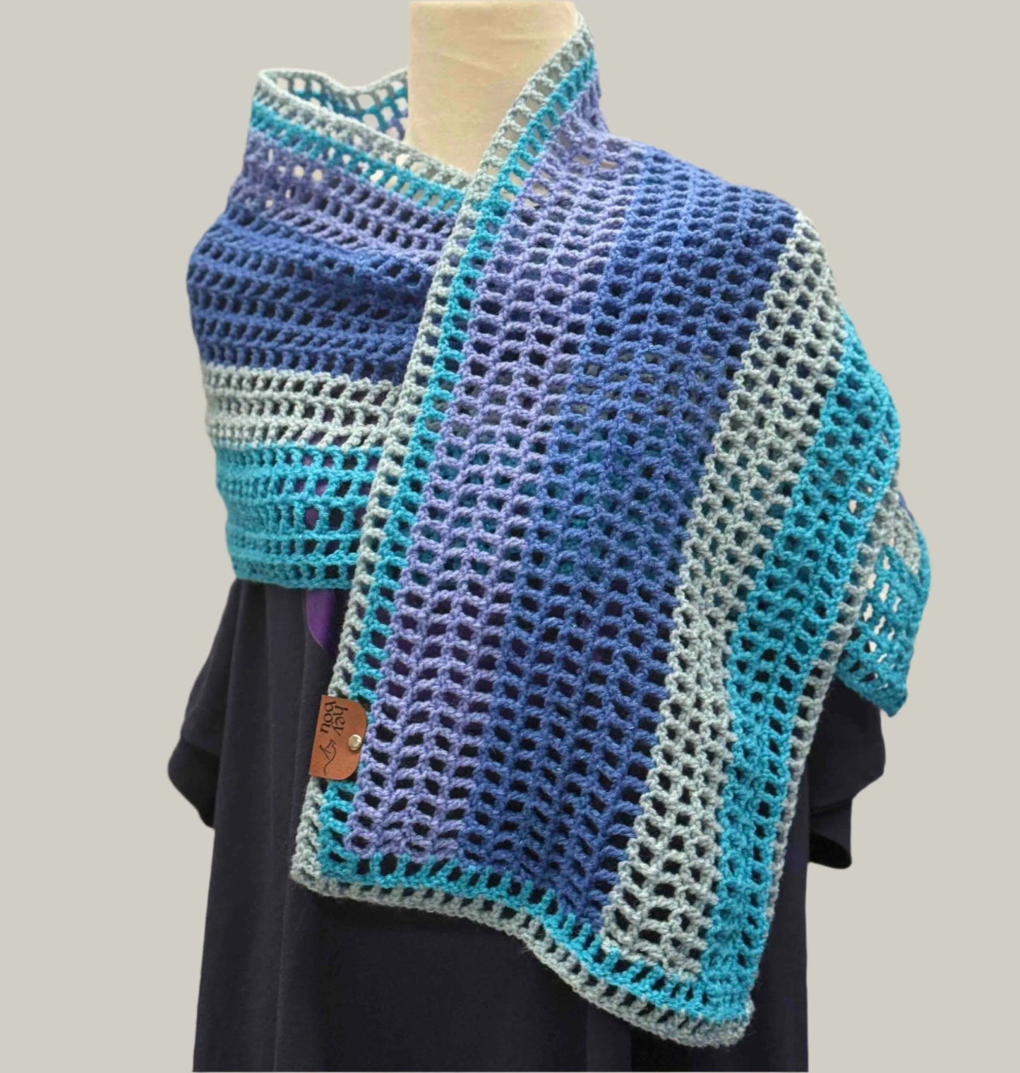 Blue Maeve Purple Grey Treble Crochet Sparkle Scarf 140cm x 29cm HeyBou - Made by Lisa