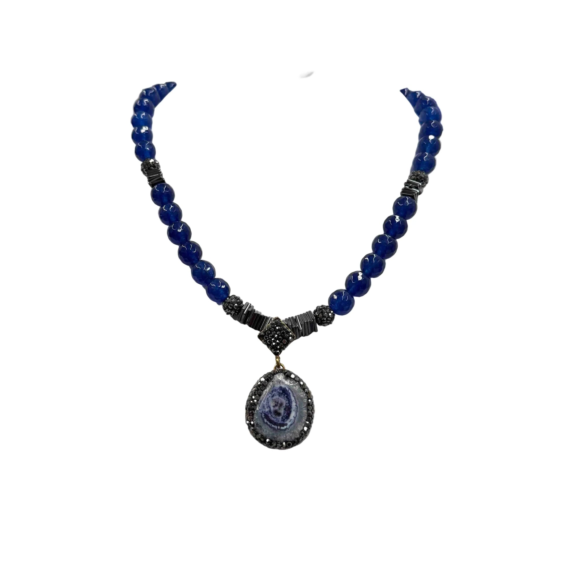 Blue Agate Pendent and Beaded Necklace Hey Bou