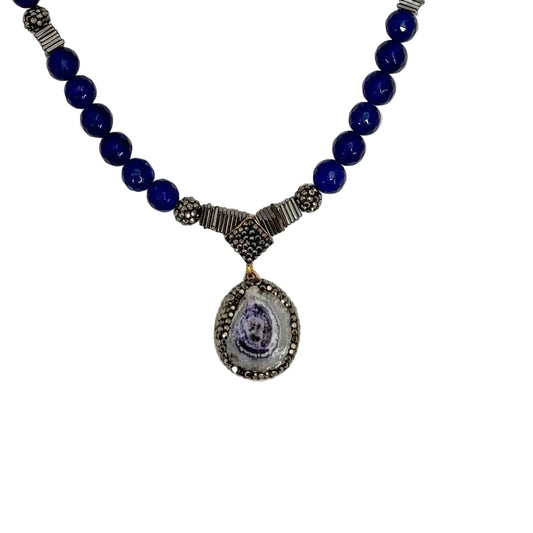 Blue Agate Pendent and Beaded Necklace Hey Bou