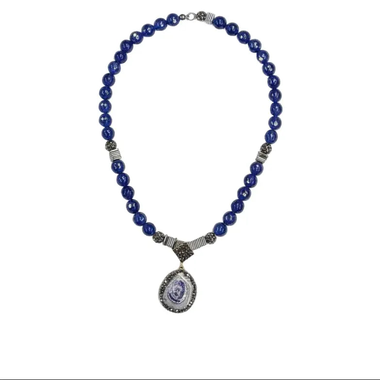 Blue Agate Pendent and Beaded Necklace Hey Bou
