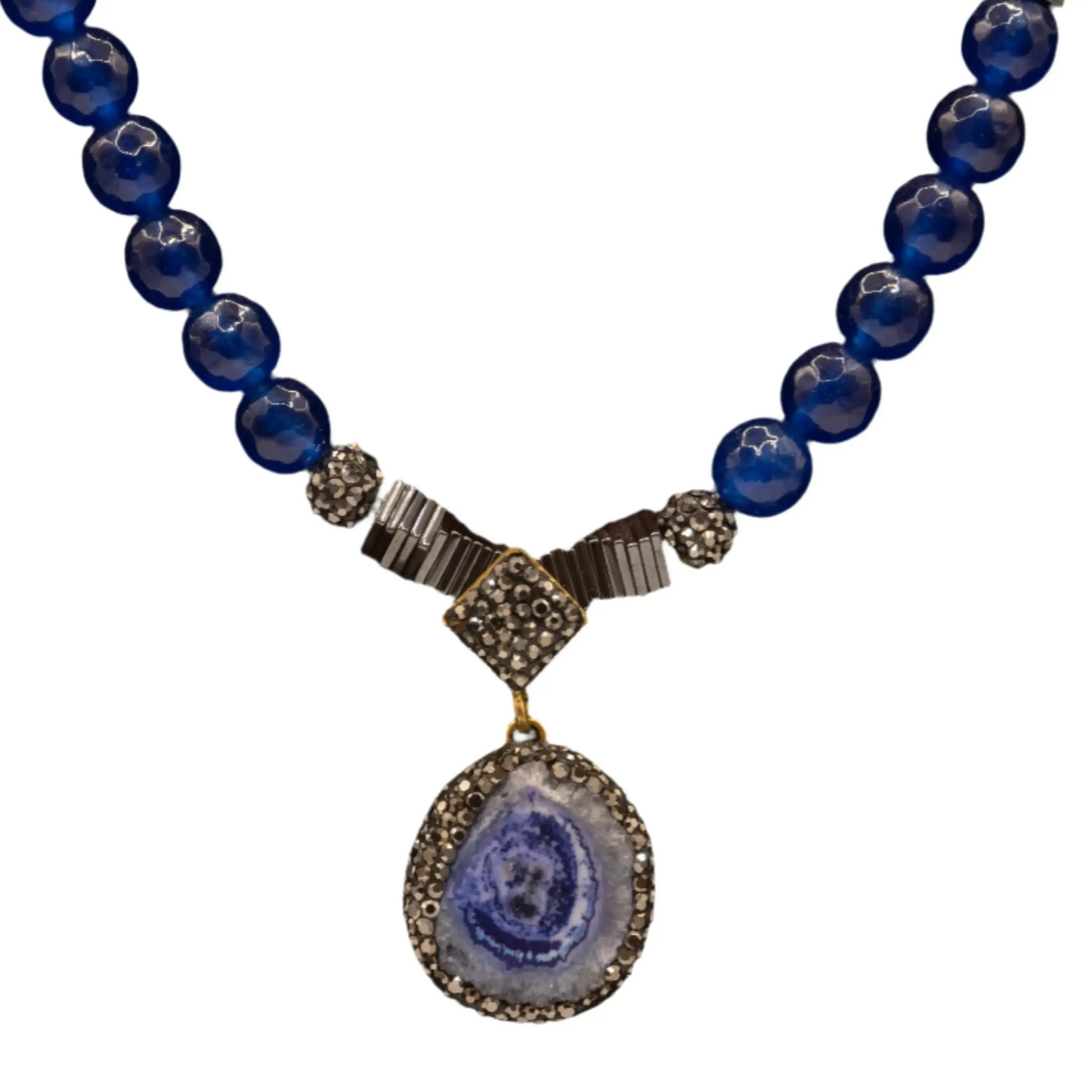 Blue Agate Pendent and Beaded Necklace Hey Bou