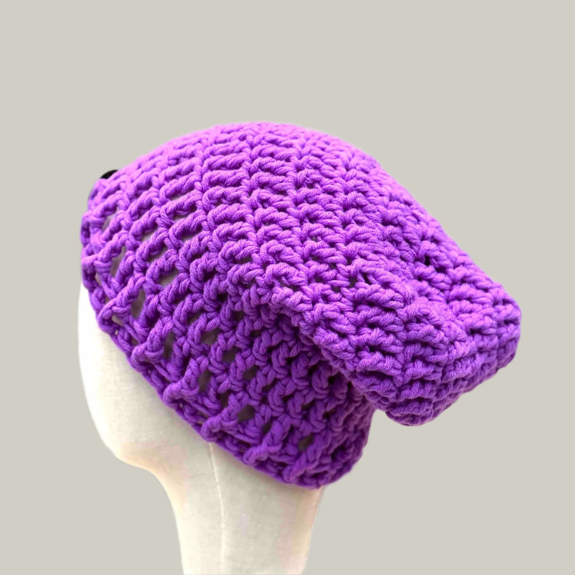Bright Purple Mawar Treble Crochet 3cm Rib Slouchy Child/Adult Beanie 48-63cm H 30cm HeyBou - Made by Lisa