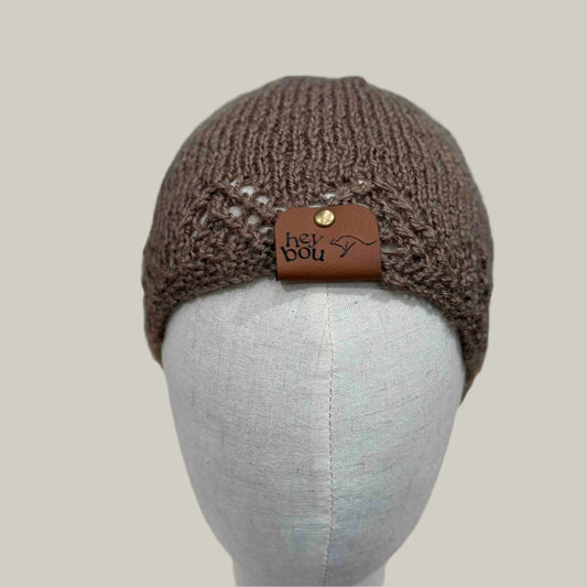 Brown Knitted Lace Edge Child Beanie 42-51cm H 20cm HeyBou - Made by Lisa