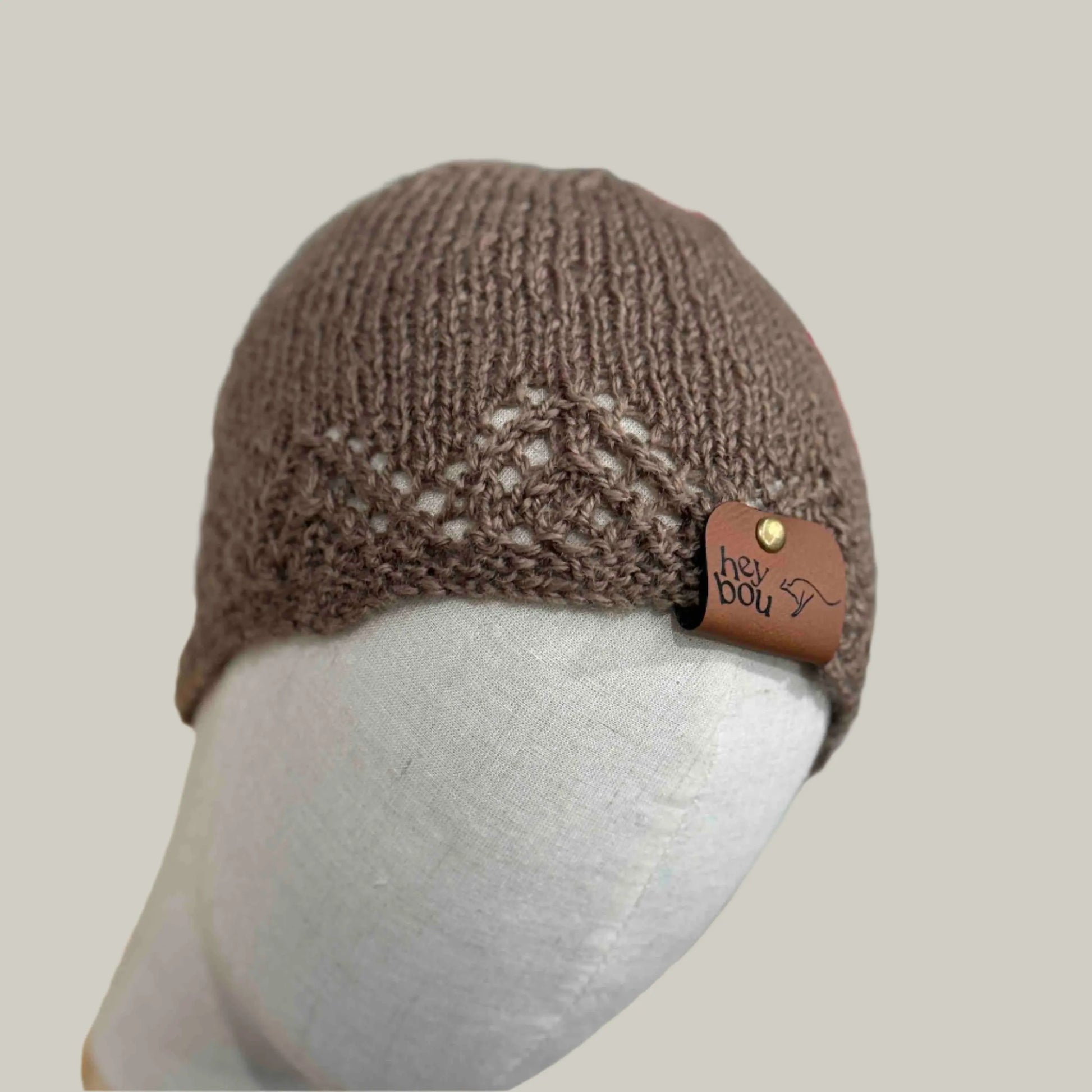 Brown Knitted Lace Edge Child Beanie 42-51cm H 20cm HeyBou - Made by Lisa