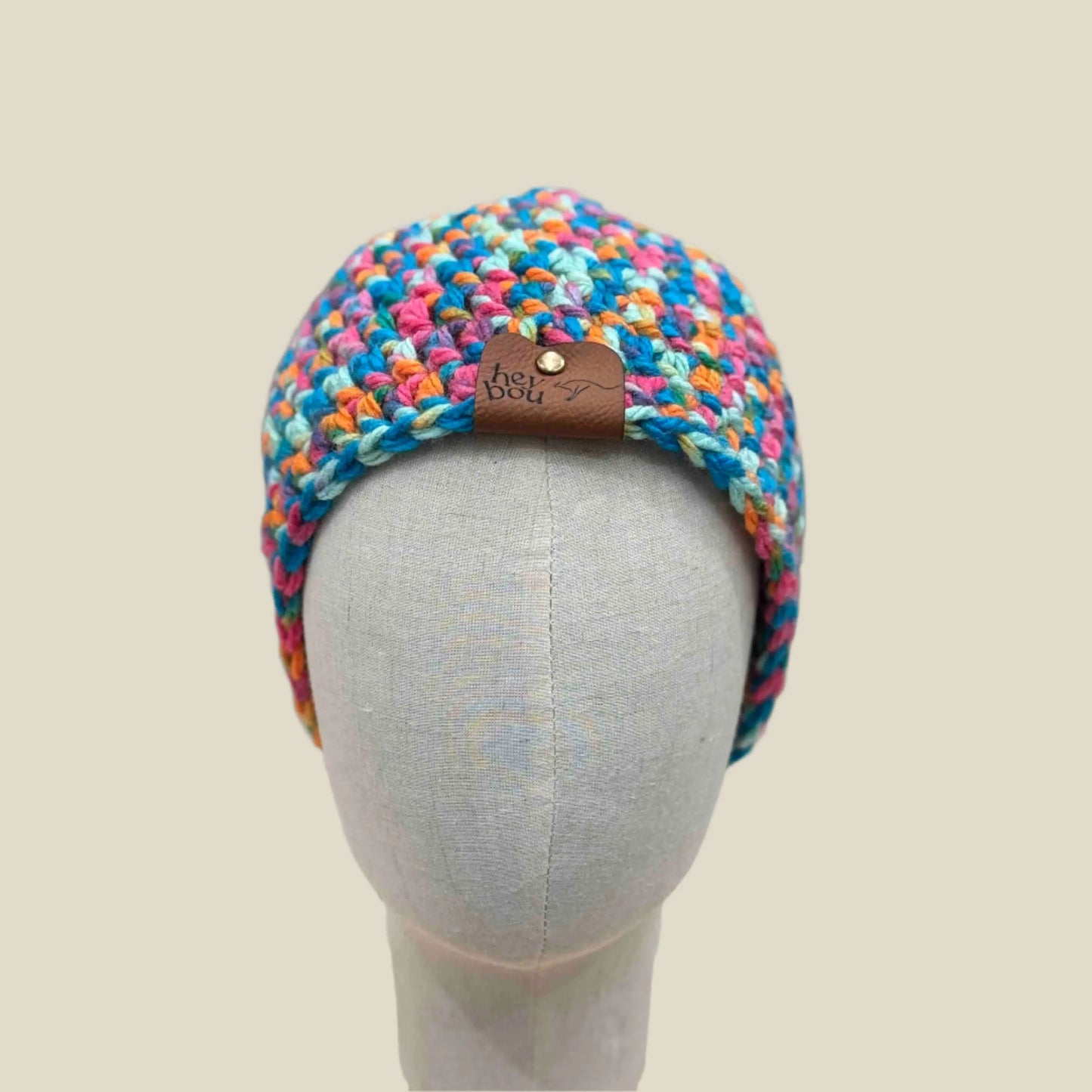 Bulky Multi Pink Blues Greens Orange Double Crochet Adult Beanie 56-71cm H 20cm HeyBou - Made by Lisa