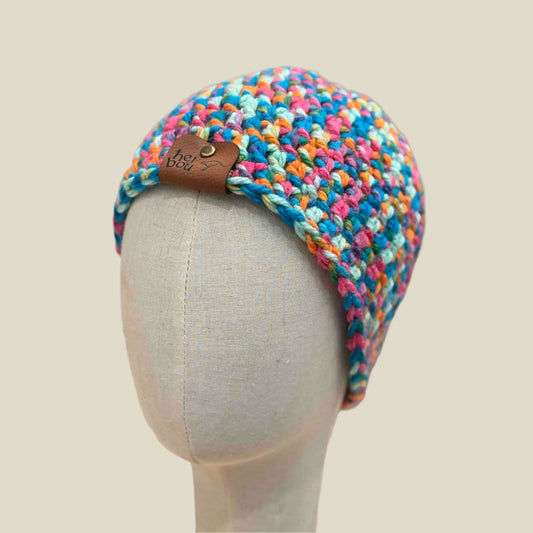 Bulky Multi Pink Blues Greens Orange Double Crochet Adult Beanie 56-71cm H 20cm HeyBou - Made by Lisa