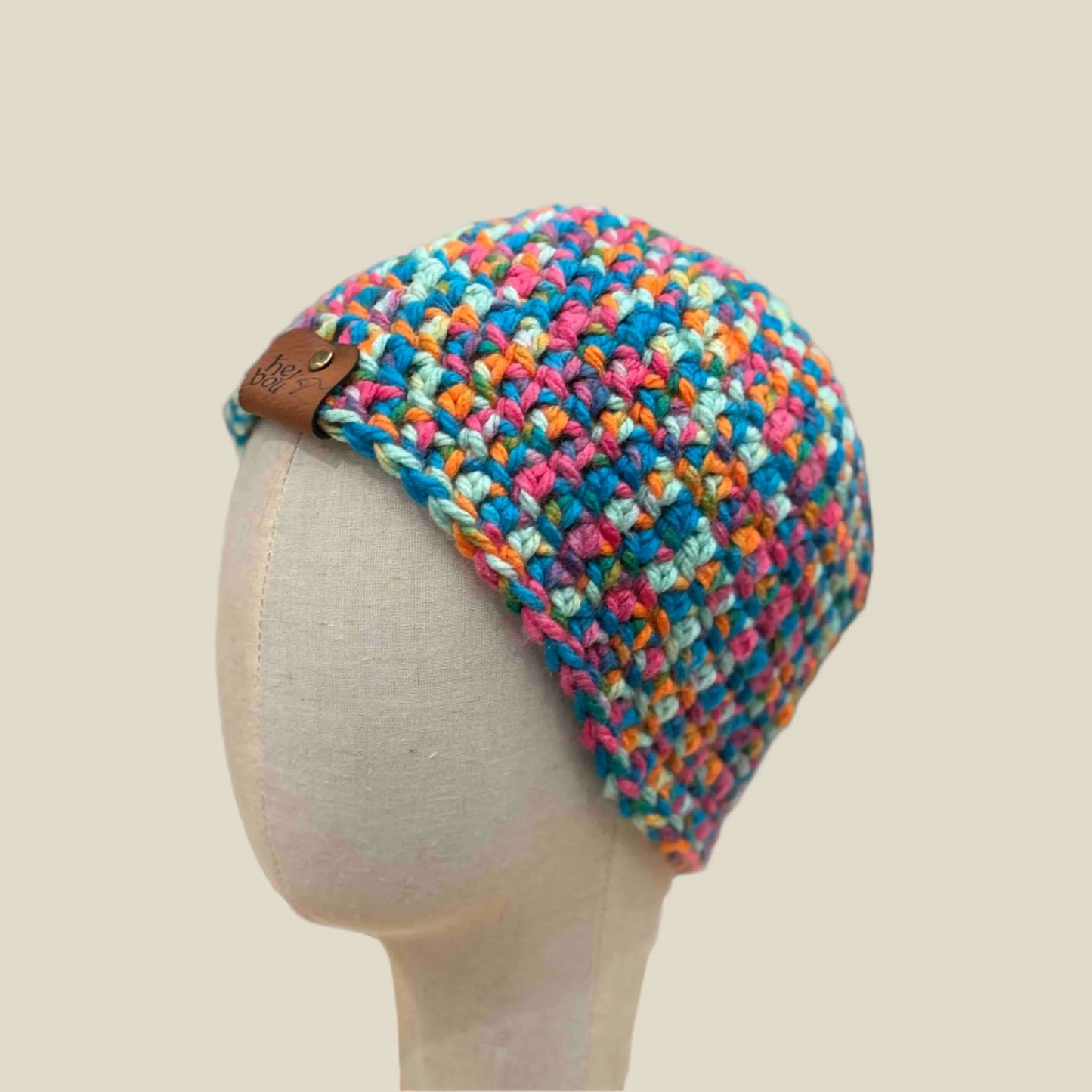 Bulky Multi Pink Blues Greens Orange Double Crochet Adult Beanie 56-71cm H 20cm HeyBou - Made by Lisa