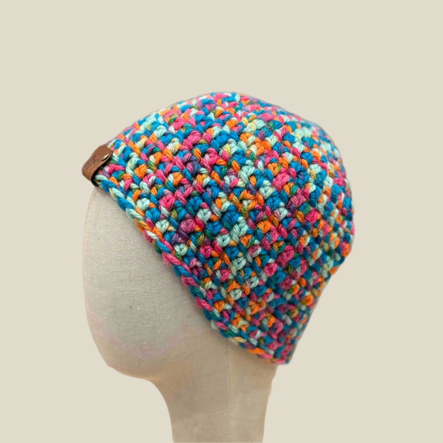 Bulky Multi Pink Blues Greens Orange Double Crochet Adult Beanie 56-71cm H 20cm HeyBou - Made by Lisa