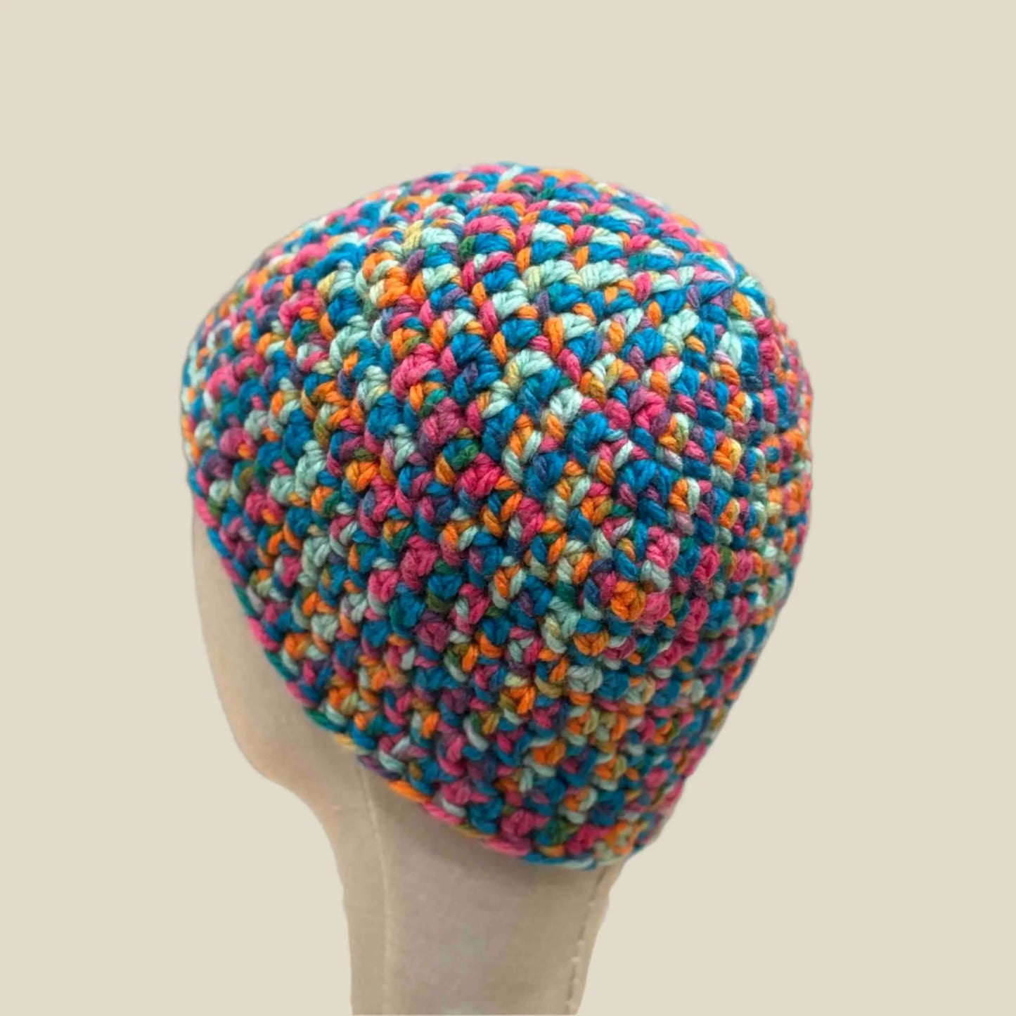 Bulky Multi Pink Blues Greens Orange Double Crochet Adult Beanie 56-71cm H 20cm HeyBou - Made by Lisa