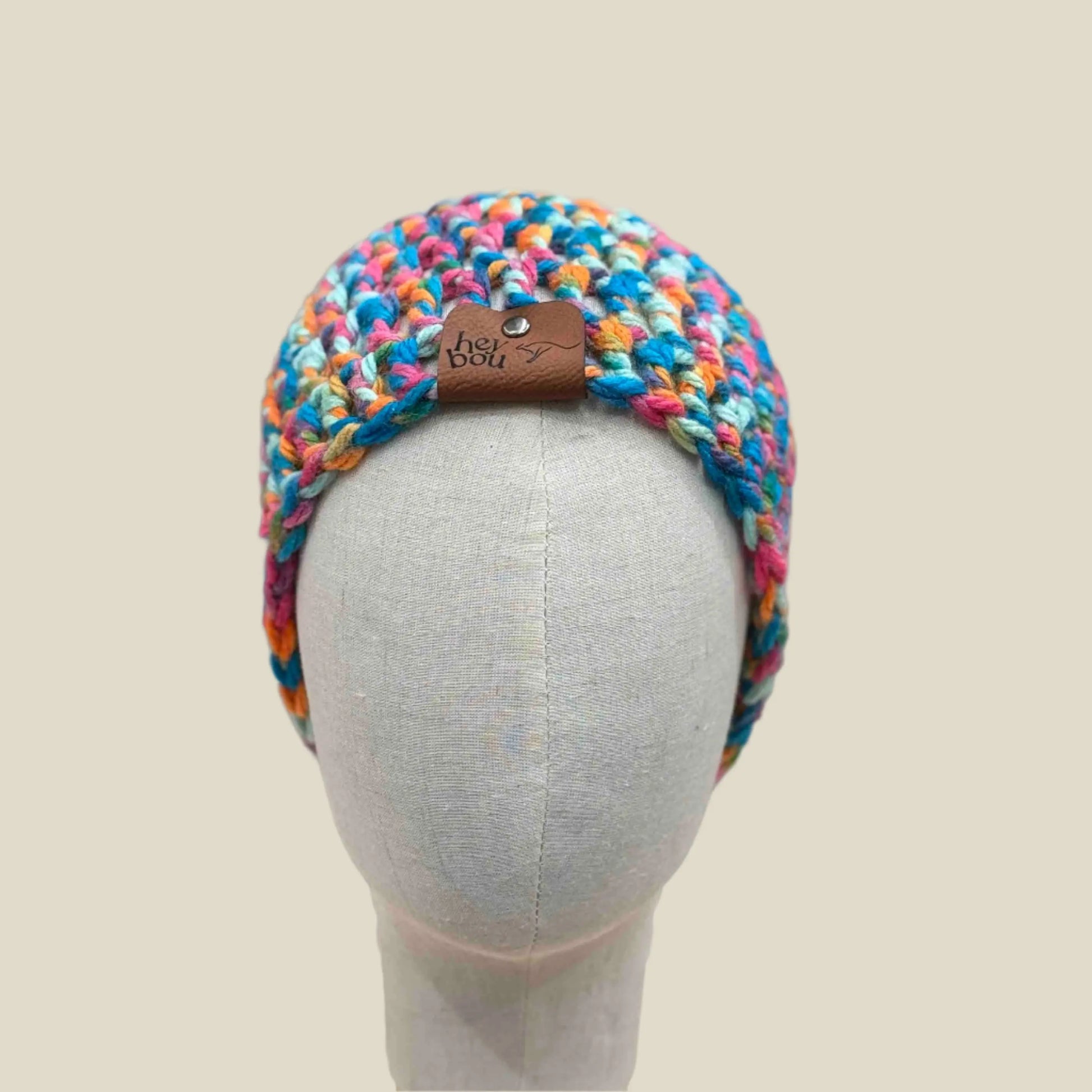 Bulky Multi Pink Blues Greens Orange Treble Crochet Adult Beanie 53-64cm H 23cm HeyBou - Made by Lisa