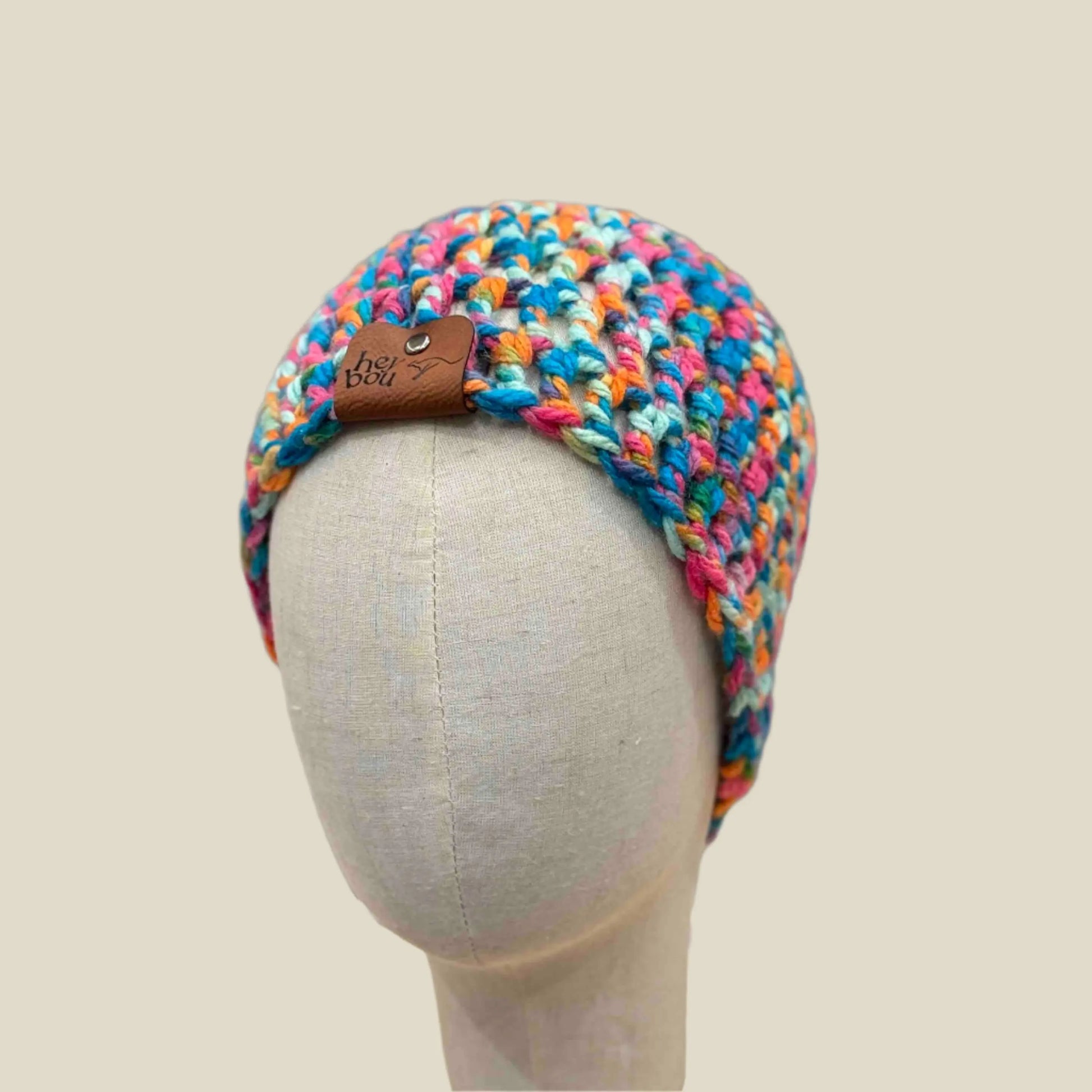 Bulky Multi Pink Blues Greens Orange Treble Crochet Adult Beanie 53-64cm H 23cm HeyBou - Made by Lisa