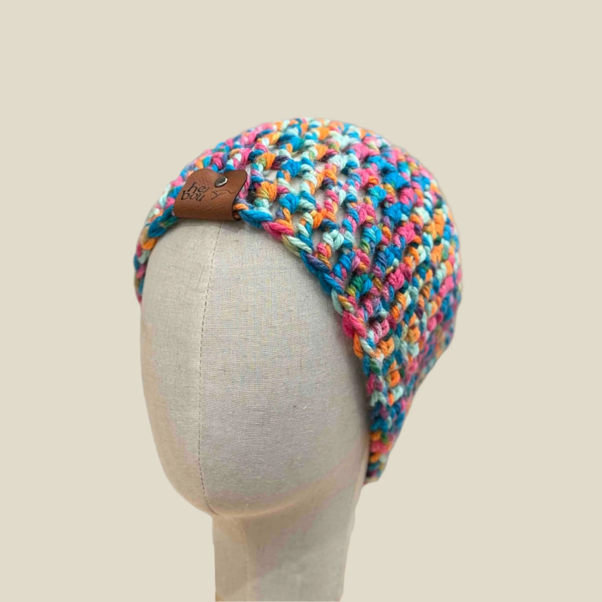 Bulky Multi Pink Blues Greens Orange Treble Crochet Adult Beanie 53-64cm H 23cm HeyBou - Made by Lisa