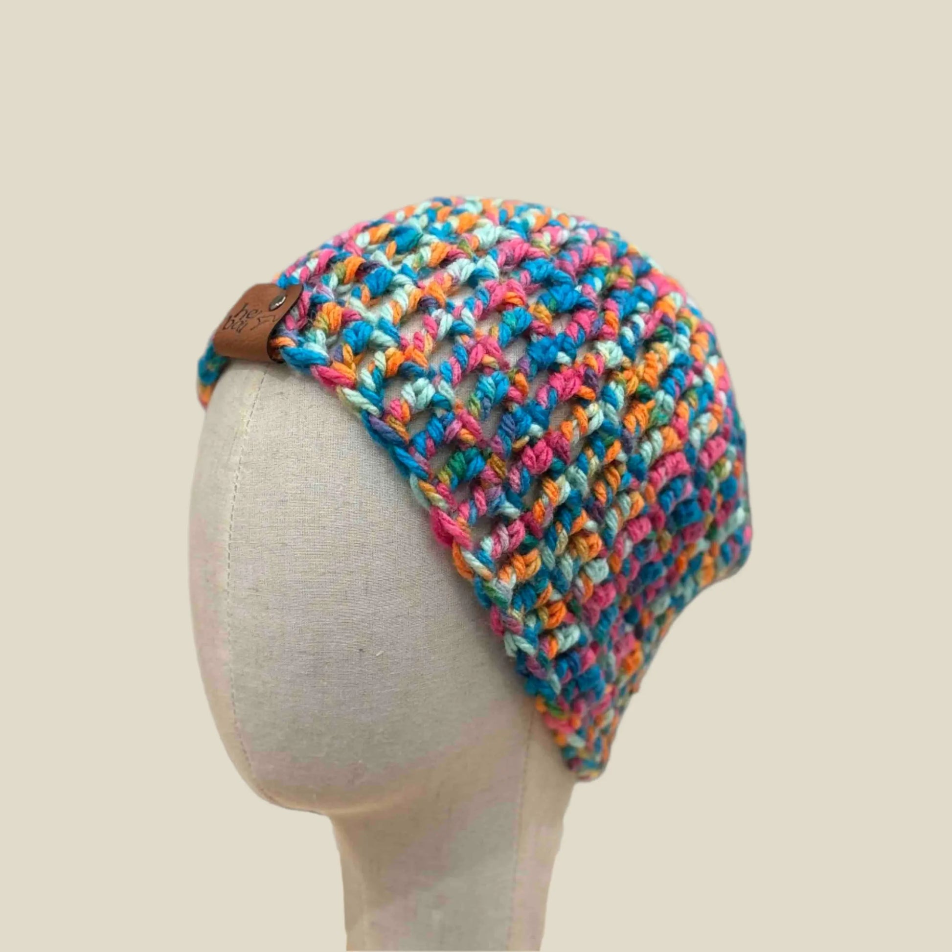 Bulky Multi Pink Blues Greens Orange Treble Crochet Adult Beanie 53-64cm H 23cm HeyBou - Made by Lisa