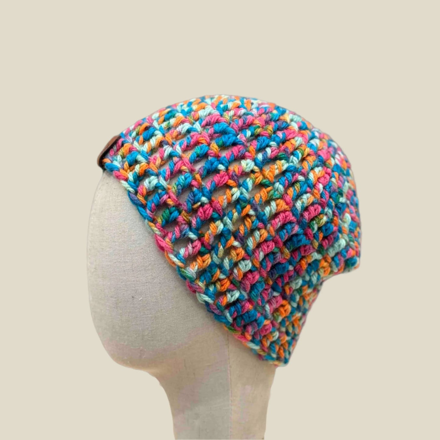 Bulky Multi Pink Blues Greens Orange Treble Crochet Adult Beanie 53-64cm H 23cm HeyBou - Made by Lisa