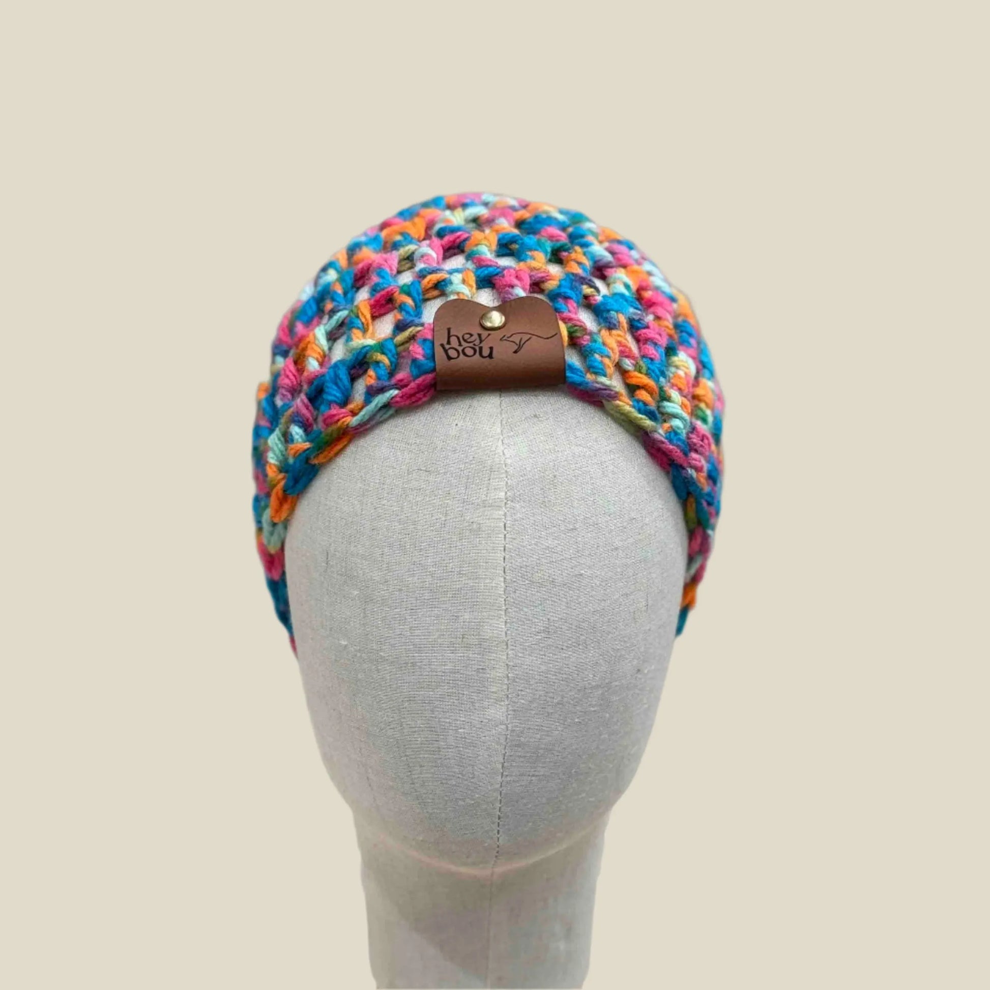 Bulky Multi Pink Blues Greens Orange Treble Crochet Child Beanie 42-55cm H 19cm HeyBou - Made by Lisa