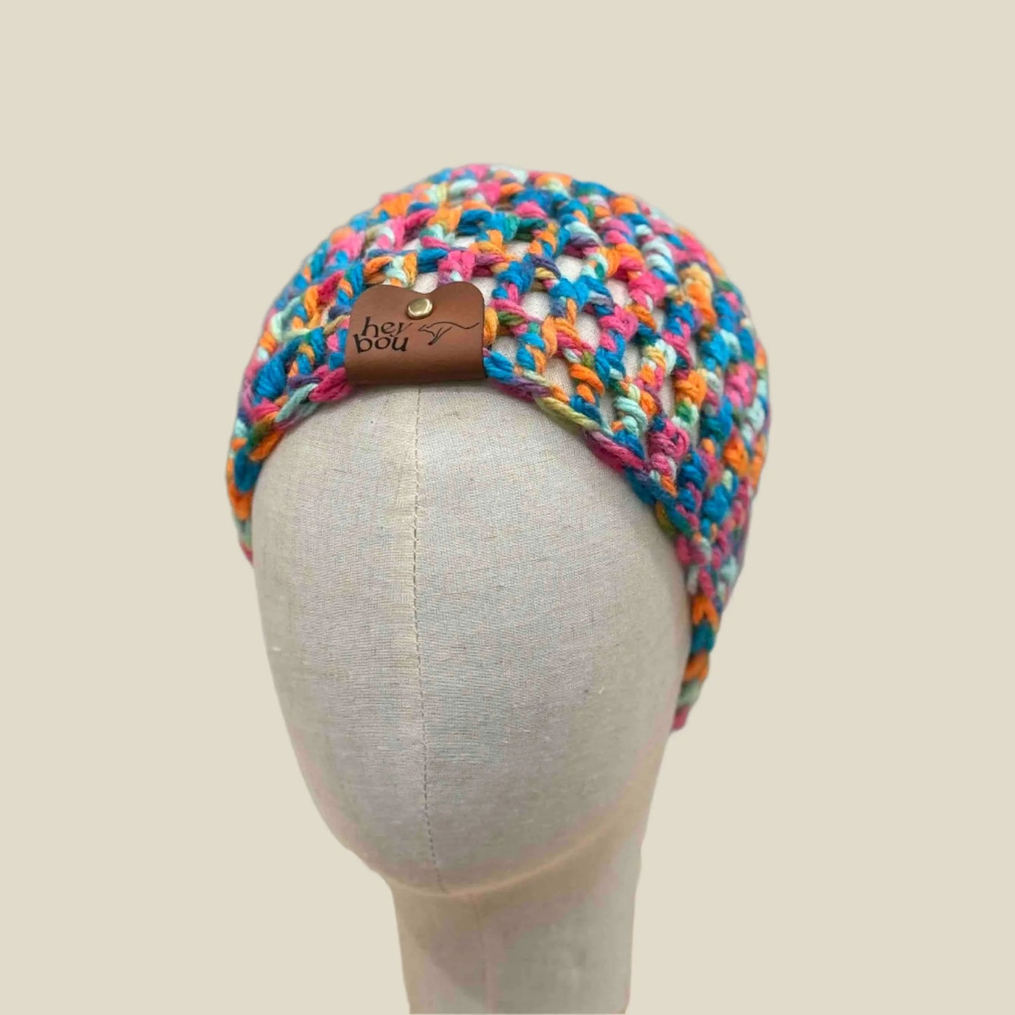 Bulky Multi Pink Blues Greens Orange Treble Crochet Child Beanie 42-55cm H 19cm HeyBou - Made by Lisa